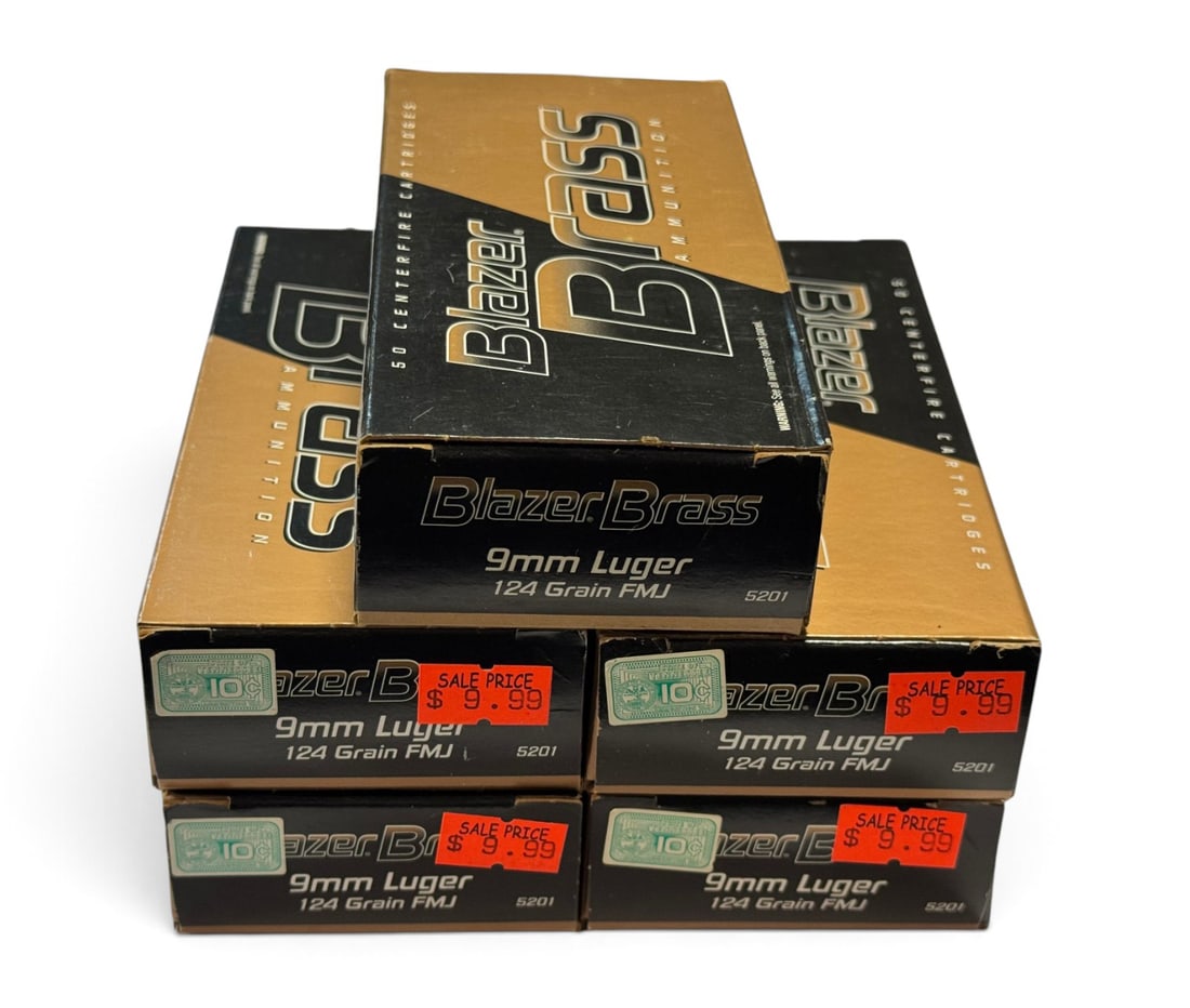 NIB 250rds. of 9mm LUGER 124gr. FMJ Blazer Brass Ammunition: Very minor corrosion present on some of the headstamps (common with blazer brass)
