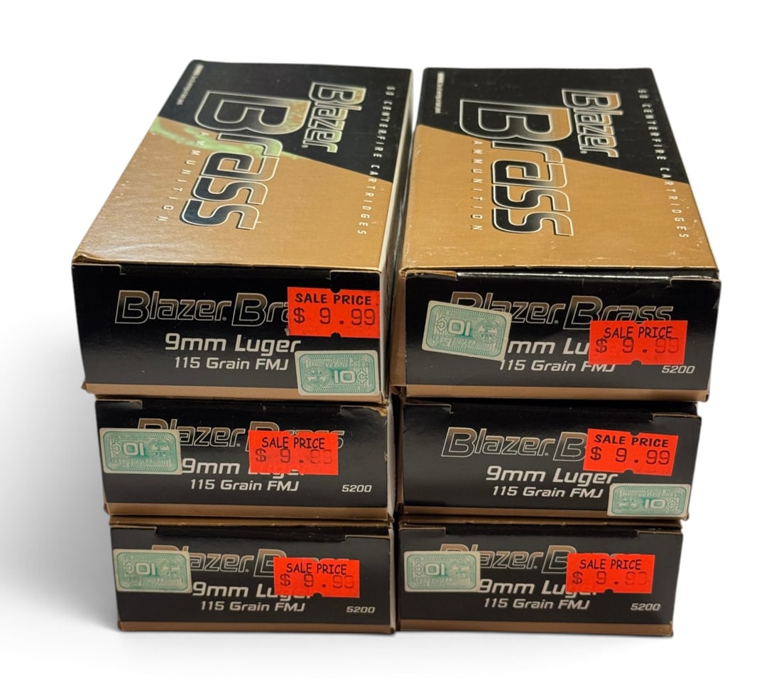 NIB 300rds. of 9mm LUGER 115gr. FMJ Blazer Brass Ammunition: Very minor corrosion present on some of the headstamps (common with blazer brass)