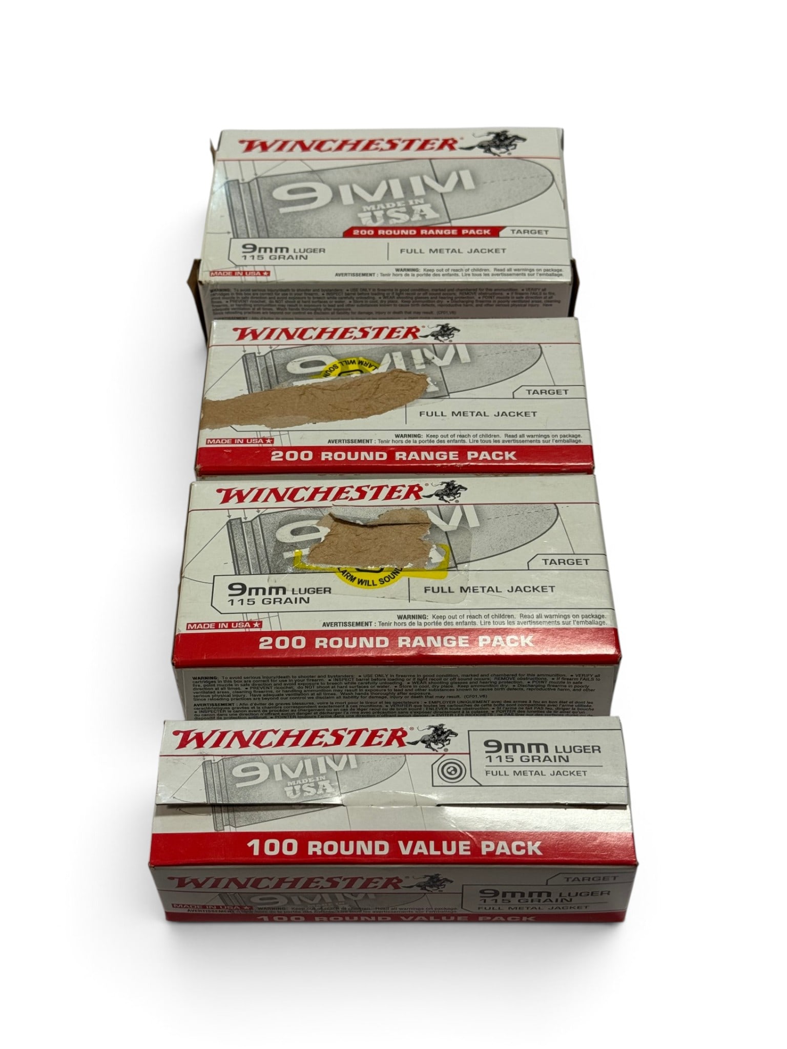 NIB Approx. 700rds. of 9mm LUGER 115gr. FMJ Winchester Ammunition: The one box with 100rounds has been opened but looks to be full, however, it may be missing a few, did not count it.