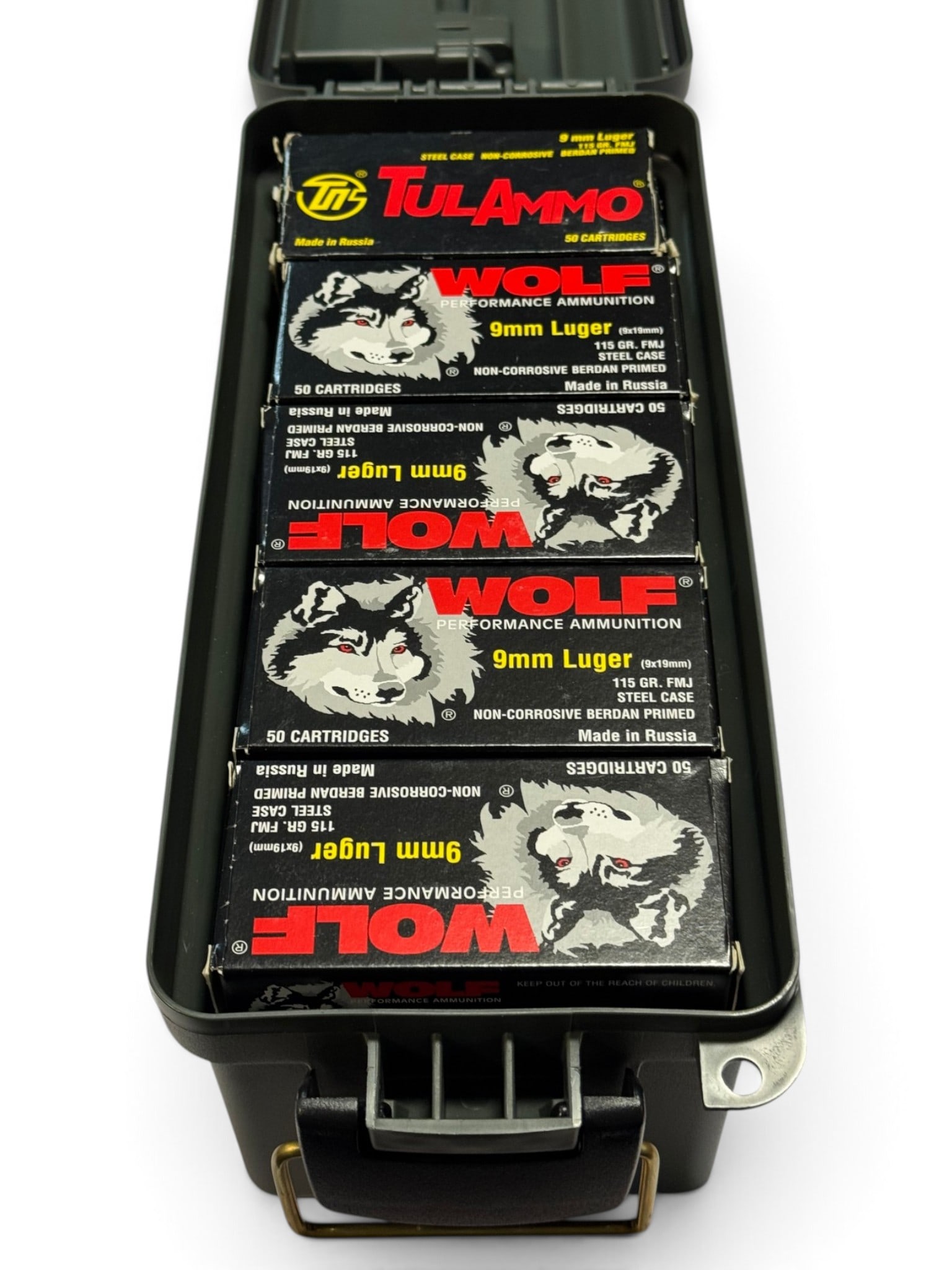 NIB 750rds. of 9mm LUGER 115gr. FMJ Wolf & TuLAmmo Steel Case Ammunition in Plastic Can: See Photo(s)
