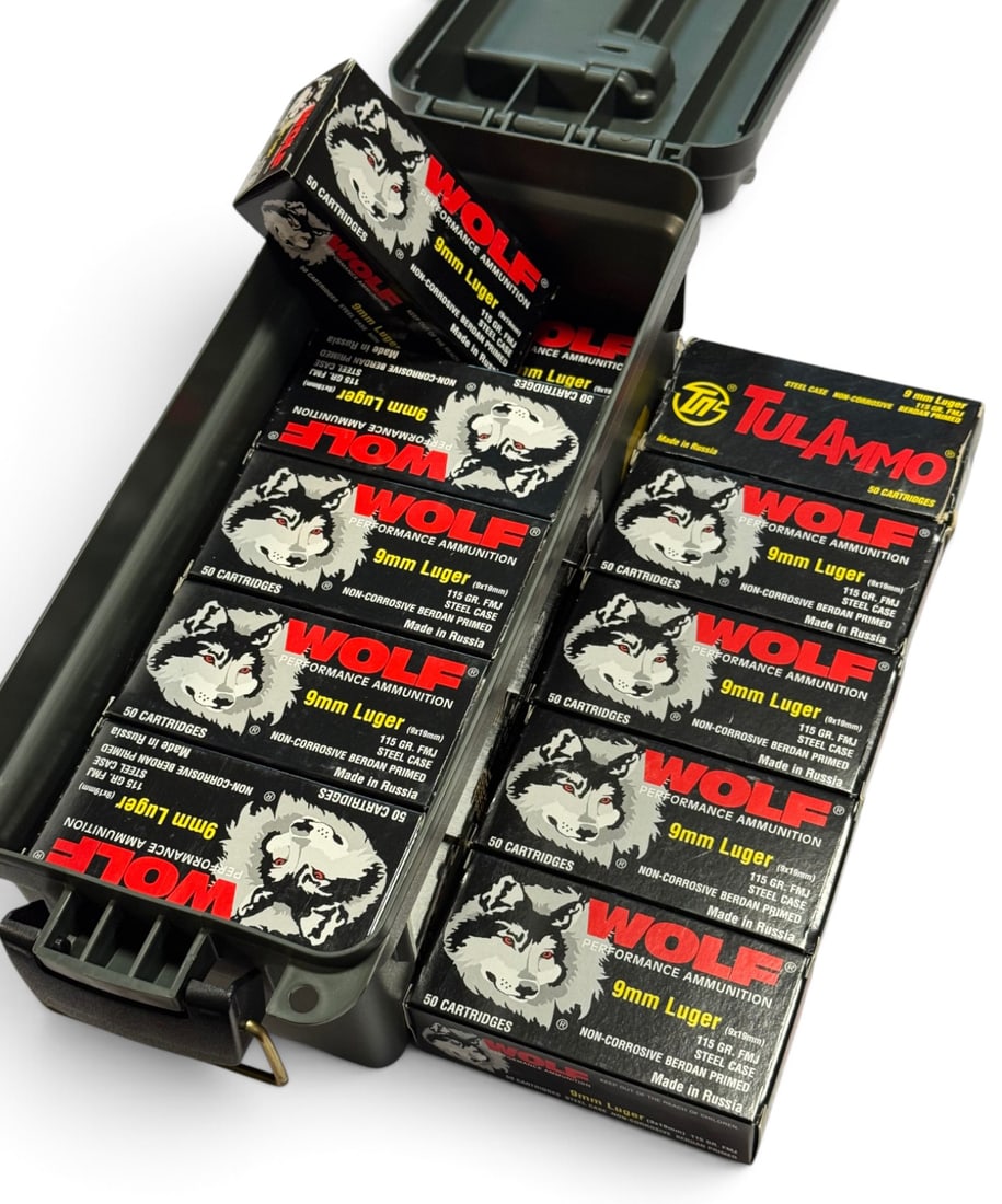 NIB 750rds. of 9mm LUGER 115gr. FMJ Wolf & TuLAmmo Steel Case Ammunition in Plastic Can - 2