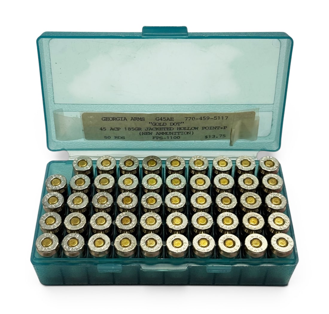 49rds. of .45 AUTO +P 185gr. “Gold Dot” JHP Georgia Arms New Ammunition: 49rds. Comes in plastic ammo carrier with label that reads Georgia Arms (New Ammunition)