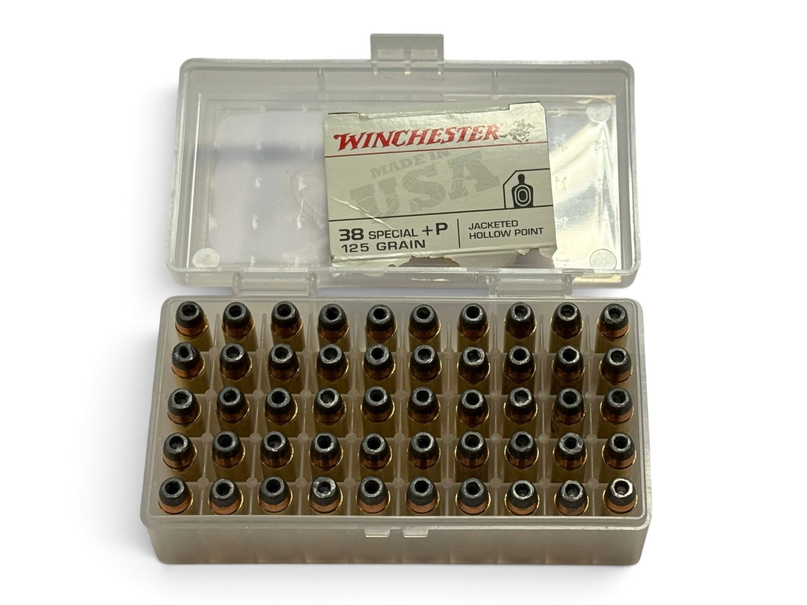 50rds. of .38 SPECIAL +P 125gr. JHP Winchester Ammunition in Case: New factory ammunition repackaged in case
