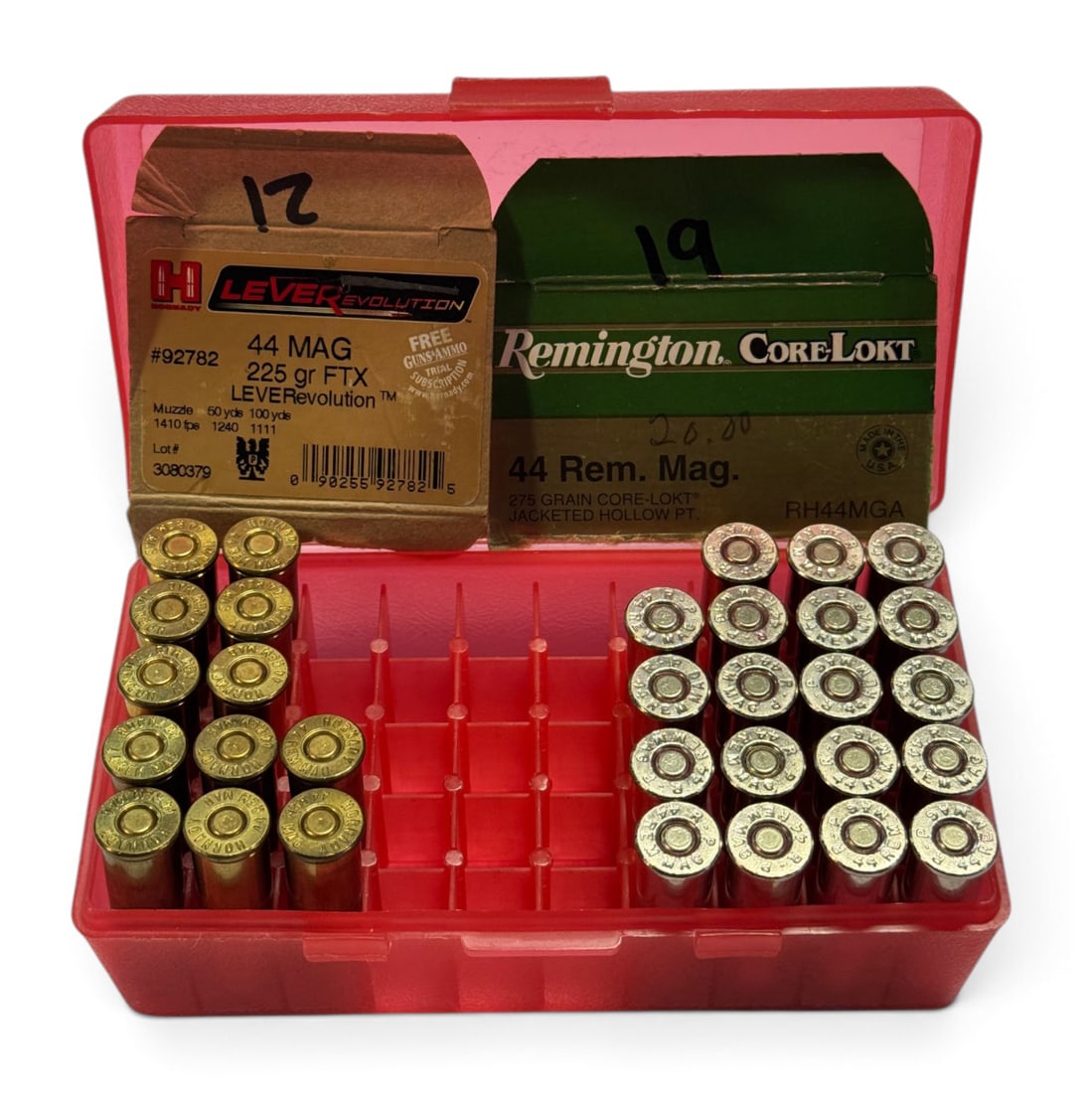 31rds. of .44 REM. MAG. High Quality Personal Defense Ammunition in Case: Repackaged New Factory Ammo - (12) 225gr. FTX Hornady LEVERevolution | (19) 275gr. Core-Lokt JHP Remington