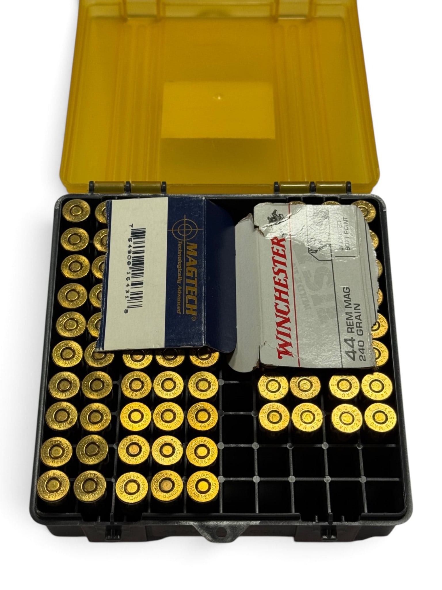 82rds. of .44 REM. MAG. 240gr. Winchester & Magtech Factory Ammunition in Case: Repackaged New Factory Ammunition in Plastic Case - (50) 240gr. JSP Winchester | (32) 240gr. SJSP-FLAT Magtech