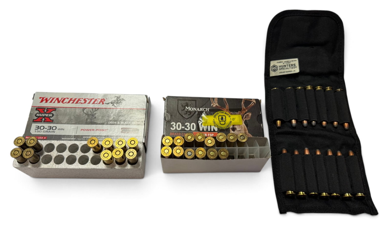 40rds. of .30-30 WIN. Factory Ammunition and Field Pouch: (17) .30-30 WIN. 150gr. Winchester Power-Point | (4) Hornady FTX | (13) Monarch 170gr FSP | (2) Federal, and (4) Remington SP Rounds