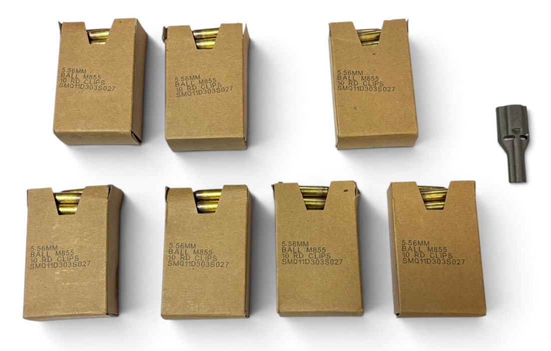 NIB 210rds. of 5.56mm BALL M855 Surplus Ammunition on Stripper Clips + Loader: See Photo(s)