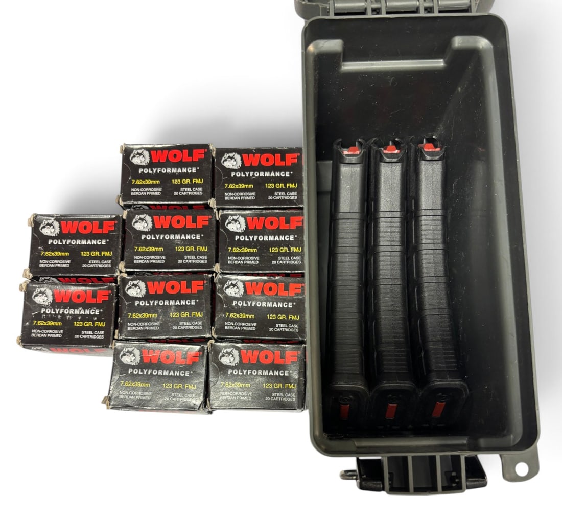 NIB 200rds. of 7.62x39mm 123gr. FMJ WOLF Steel Case Ammunition + (3) AK-47 30-Round P-Mags in Can: See Photo(s)
