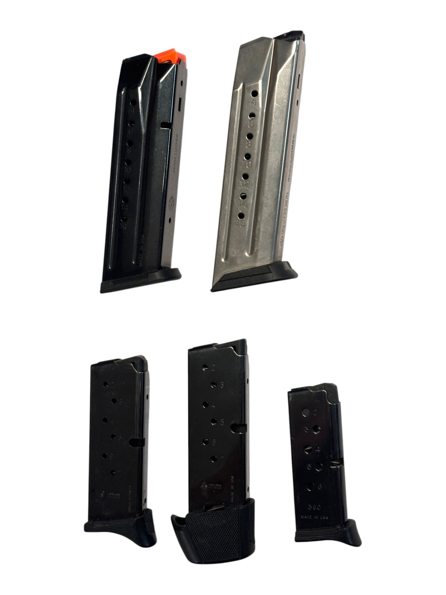 (5) Factory Ruger Pistol Magazines: (1)Ruger Blued .380 ACP 6-Round | (2)Ruger 9mm 7-Round (One with a standard baseplate other with an extended | (1)Ruger Stainless 9mm 16-Round | (1)Ruger Blued 16-Round