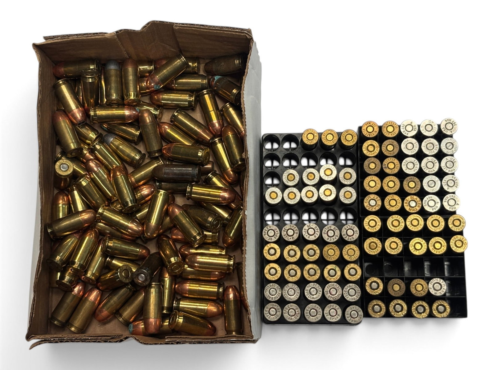 Assorted Factory Ammunition - .45 ACP | .38 SPL | .357 MAG.: Lot includes a large quantity of mosty .45 ACP FMJ ammo but the main thing here is the .38 and .357 Ammunition – For the .357 You have Liberty JHP and others. Then for the .38 SPL. You have Horn