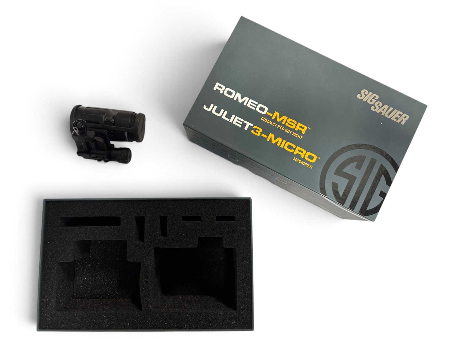 Sig Sauer JULIET3-MICRO 3x22 Magnifier with Flip-To-Side Mount in Box - #SORJ72001: Comes in the combination box but only the Magnifier is present (NO MSR Red Dot included). Excellent Working Condition. New or Like new.