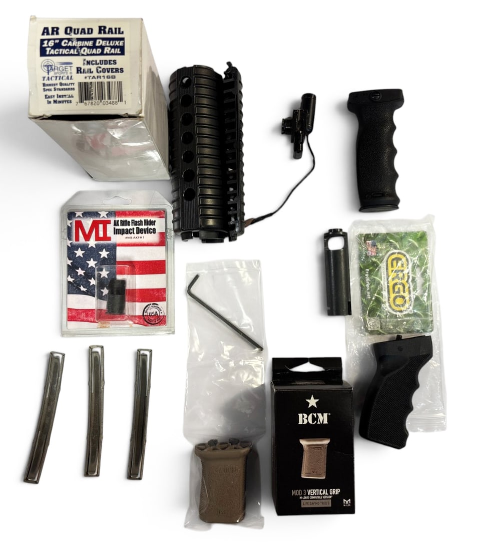 Lot of AR Parts and Misc.: (1)BCM MOD 3 VERTICAL GRIP (1) MFT grip 1 AK FLASH HIDER | (3) Stripper Clips | (1) MI AK RIFLE FLASH HIDER | (1) AR Standard handguard in AR Quad rail box | (1) Laser - tested and works.