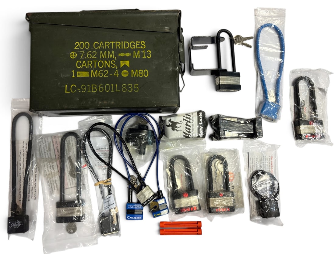 Large Lot of Assorted Gun Locks in .30 CAL Military Metal Ammo Can (1 of 1)