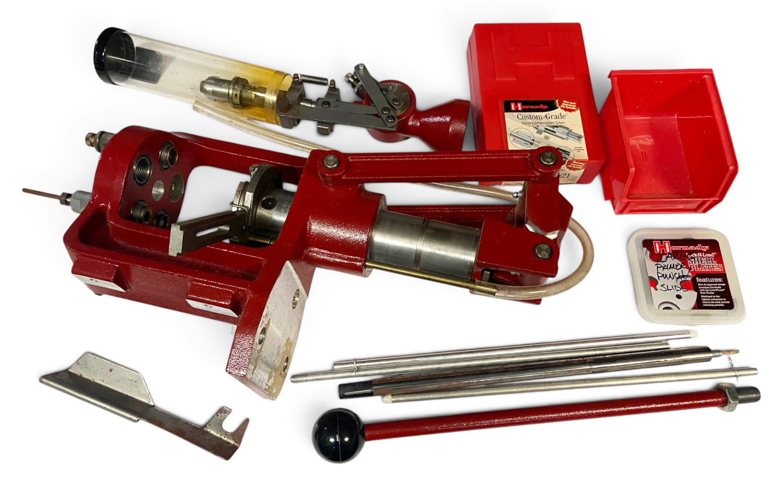 Hornady LNLAP Progressive Press Reloader and Extras: See photos for what’s all here. Includes reloading press, powder measure, primer punch slide and more. Should all work, just hasn't been used in awhile.