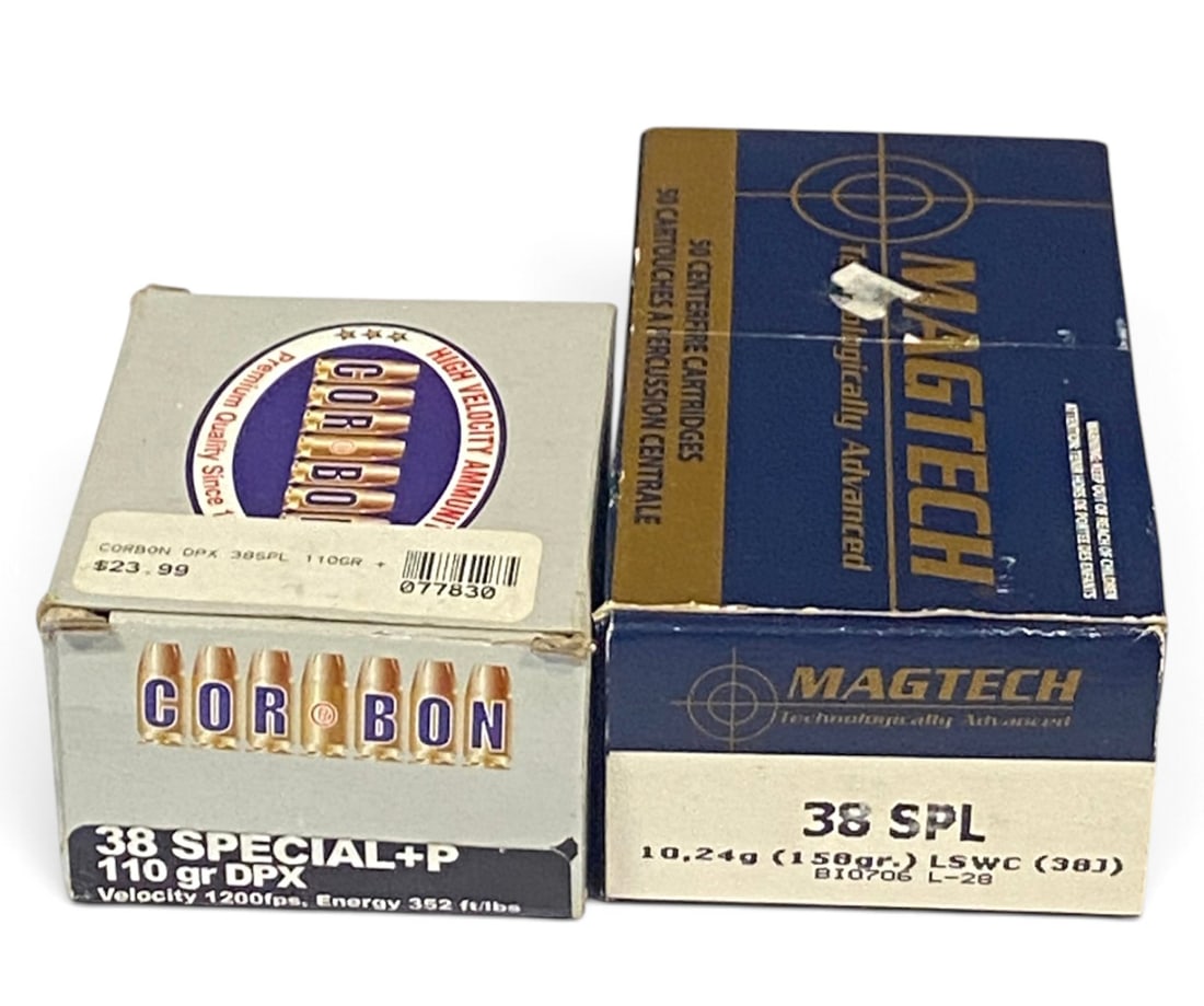 50rds. of .38 SPECIAL and 10rds. of .38 SPL. + P Ammunition: NIB 50rds. of .38 SPL. 158gr. LSWC Magtech and partial box 10rds. of .38 SPL. + P 110gr. DPX Corbon ammunition