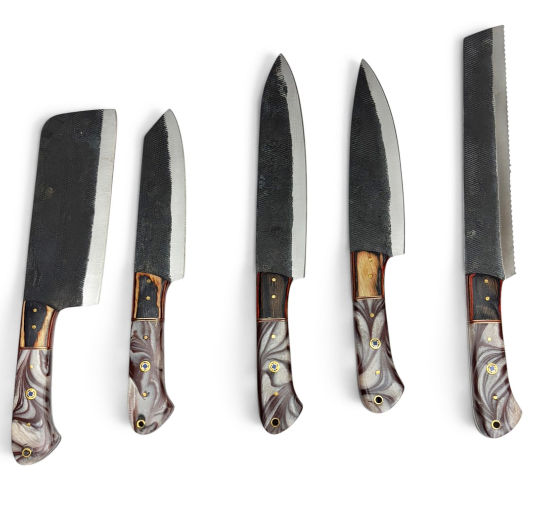(5) Handmade Forged Steel Knife Set with Custom Resin Grips (1 of 3)