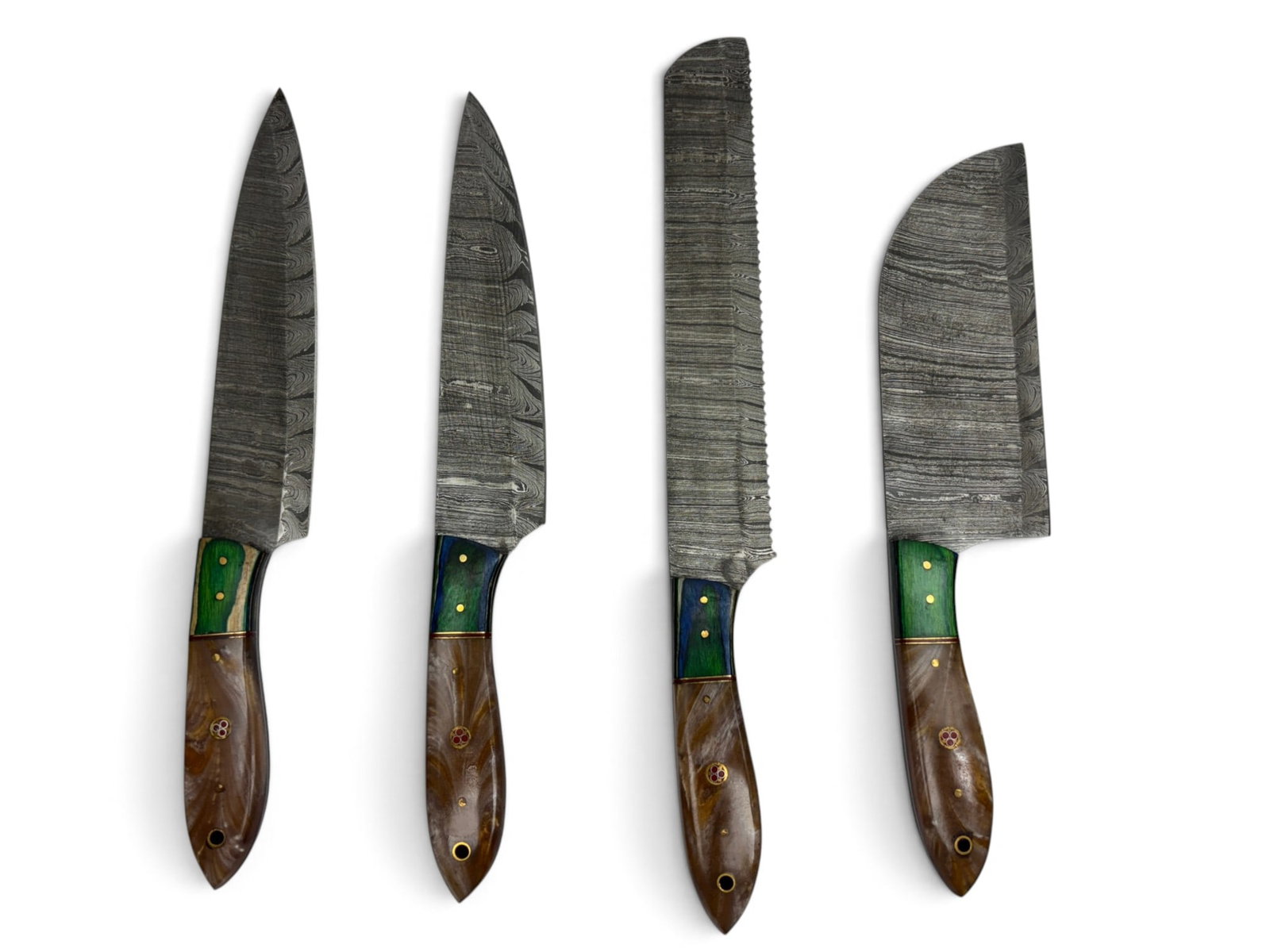 (4) Handmade Damascus Steel Knife Set with Custom Resin Grips - 2