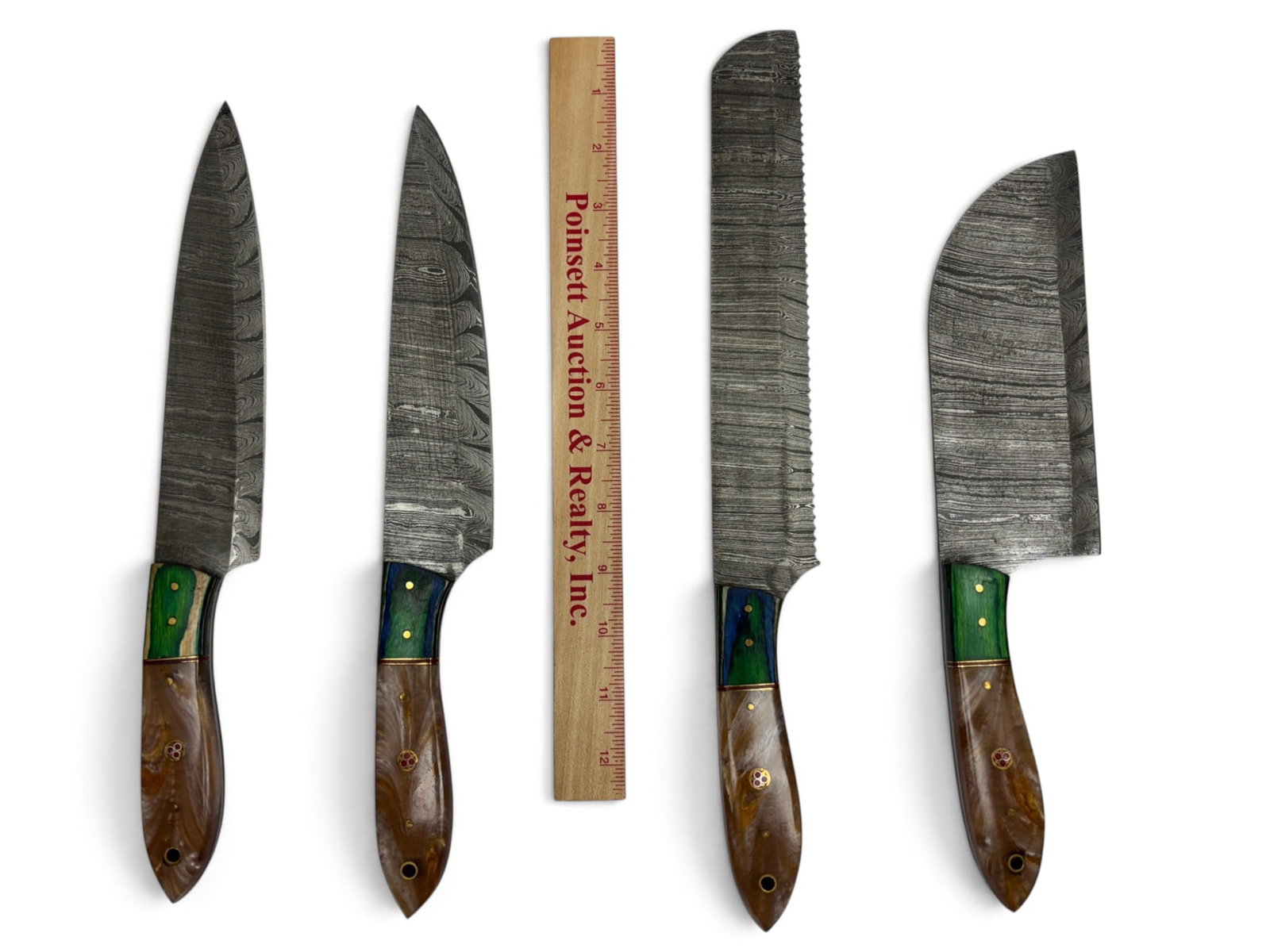 (4) Handmade Damascus Steel Knife Set with Custom Resin Grips - 3