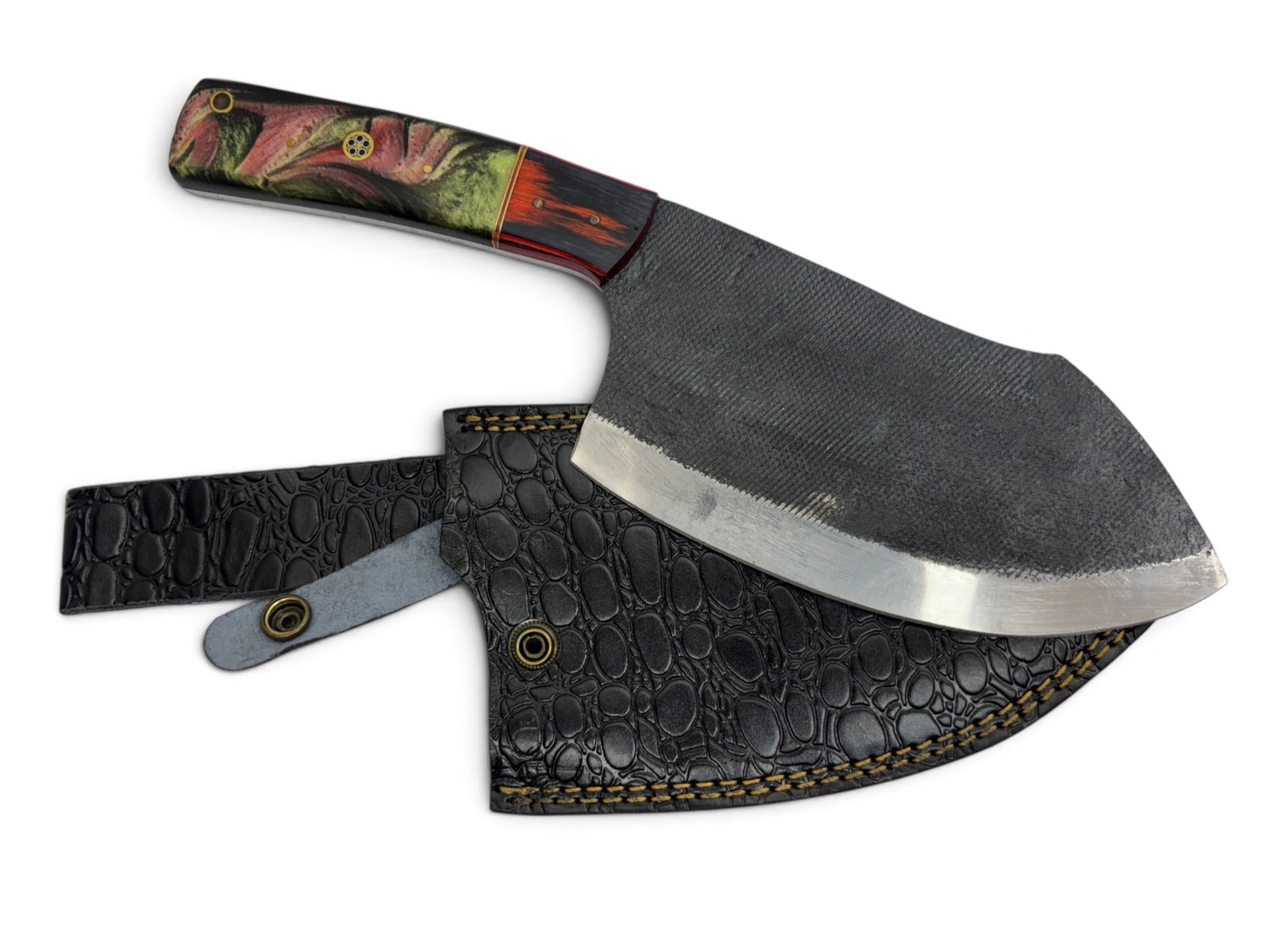 Handmade Forged Steel Butcher Cleaver with Custom Wood/Resin Grip and Leather Sheathe - 2