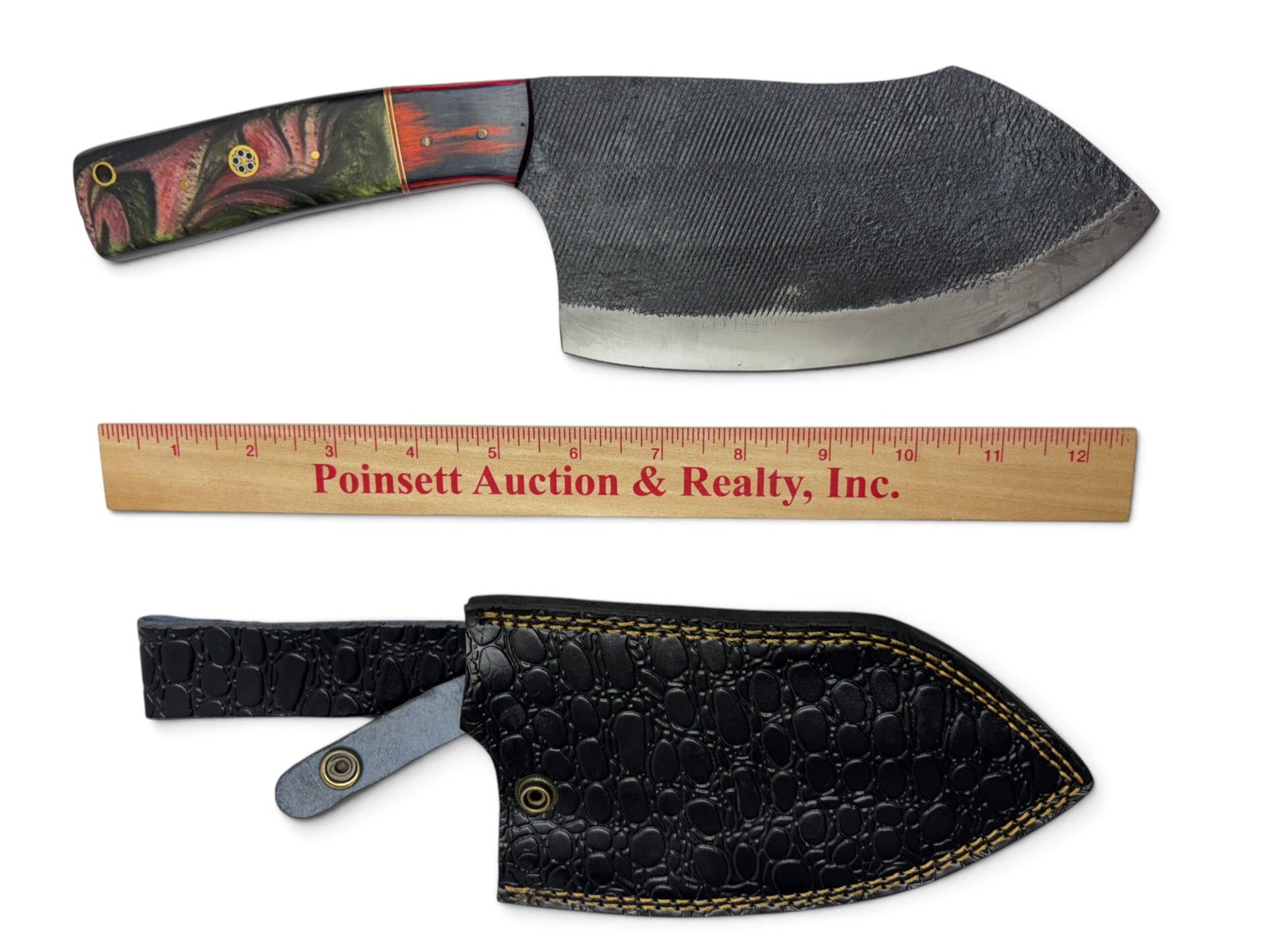 Handmade Forged Steel Butcher Cleaver with Custom Wood/Resin Grip and Leather Sheathe - 3