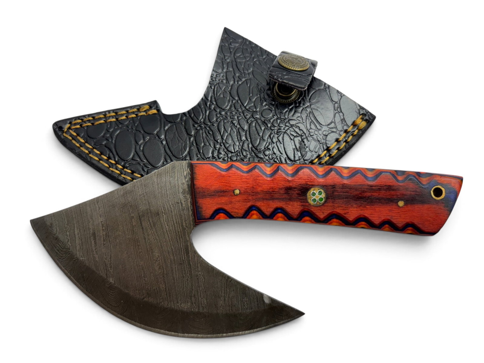Handmade Damascus Steel Hatchet with Custom Wood Grip and Leather Sheathe (1 of 3)