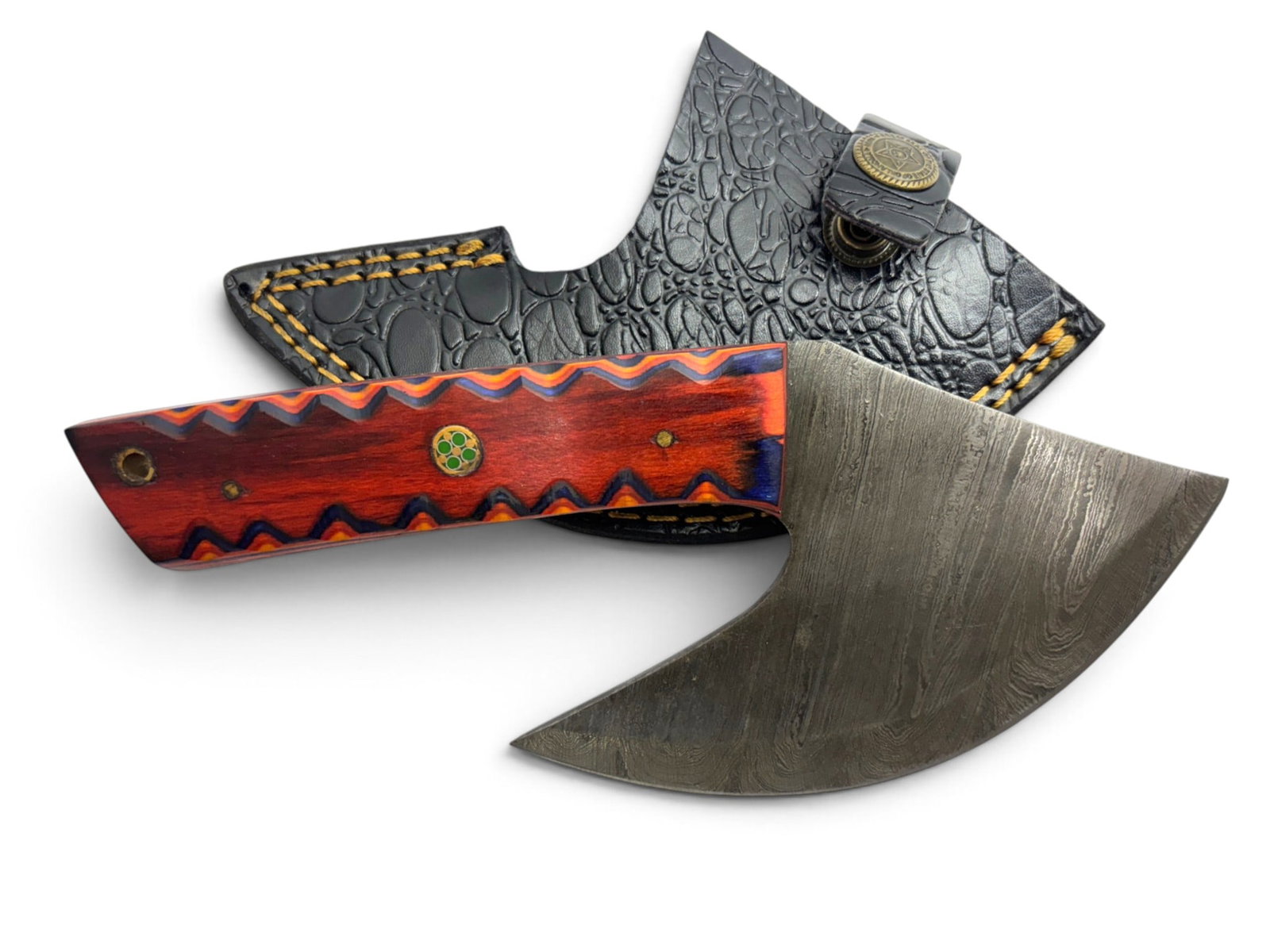 Handmade Damascus Steel Hatchet with Custom Wood Grip and Leather Sheathe - 2