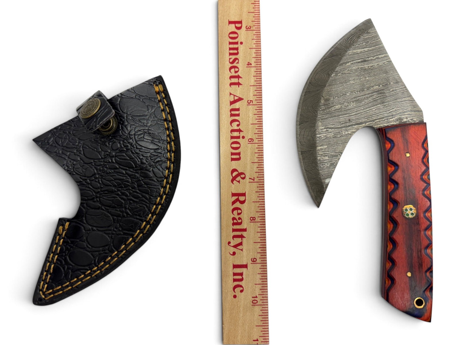 Handmade Damascus Steel Hatchet with Custom Wood Grip and Leather Sheathe - 3