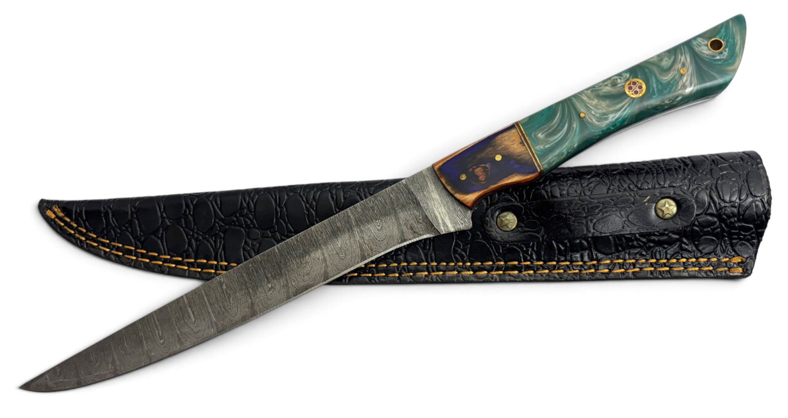 Handmade Damascus Steel Knife with Custom Wood/Resin Grip and Leather Sheathe (1 of 3)