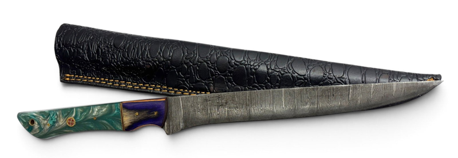Handmade Damascus Steel Knife with Custom Wood/Resin Grip and Leather Sheathe - 2