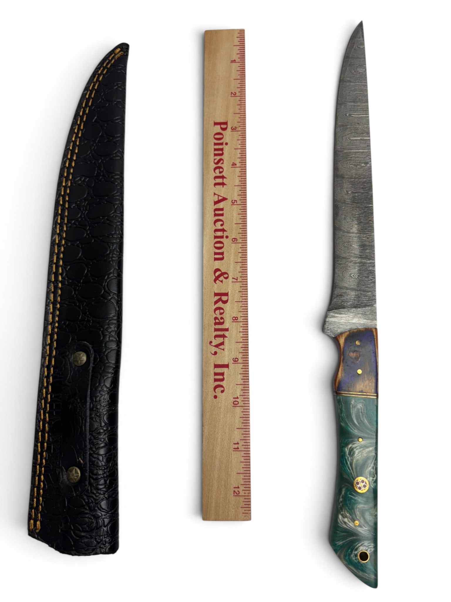 Handmade Damascus Steel Knife with Custom Wood/Resin Grip and Leather Sheathe - 3