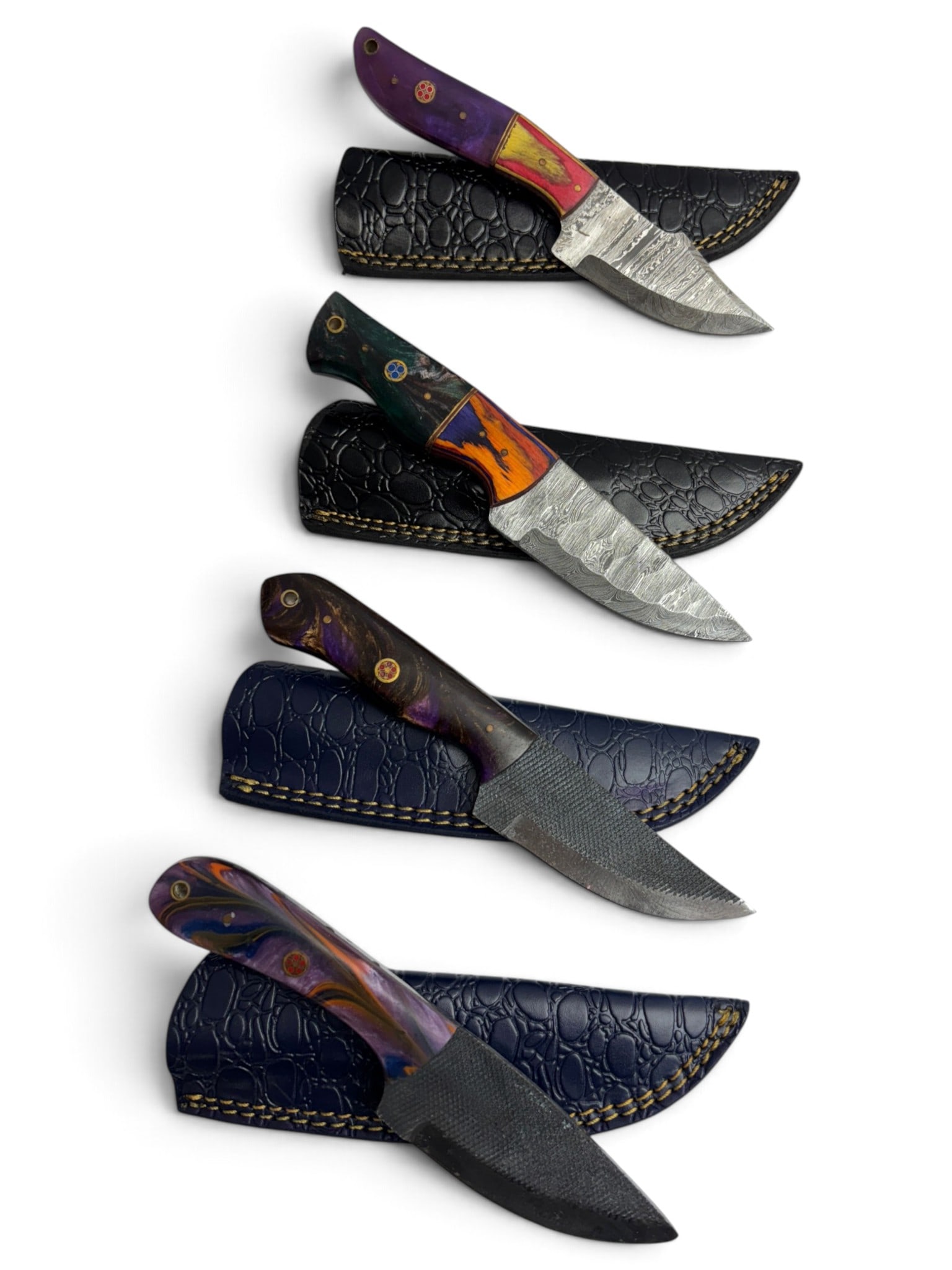 (4) Handmade Damascus & Forged Steel Knives with Custom Wood/Resin Grips and Leather Sheathe: Handmade Damascus & Forged Steel Knives with Custom Wood, Bone, Horn, or Resin handles. The Blade on these knives is a combination of 1095 HC Steel 15N20 Nickel Carbon Steel. The Laminate Bar is then 