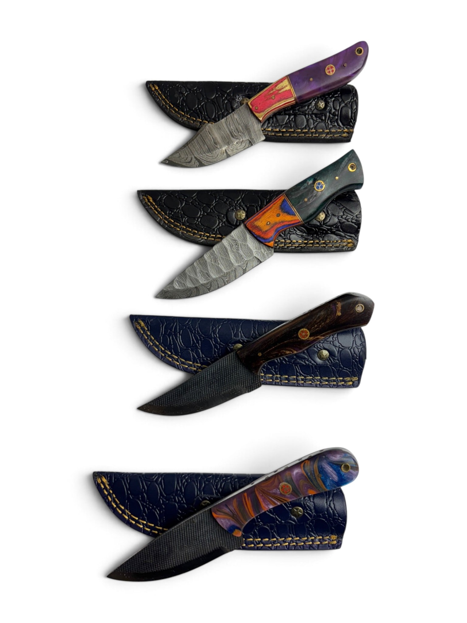 (4) Handmade Damascus & Forged Steel Knives with Custom Wood/Resin Grips and Leather Sheathe - 2