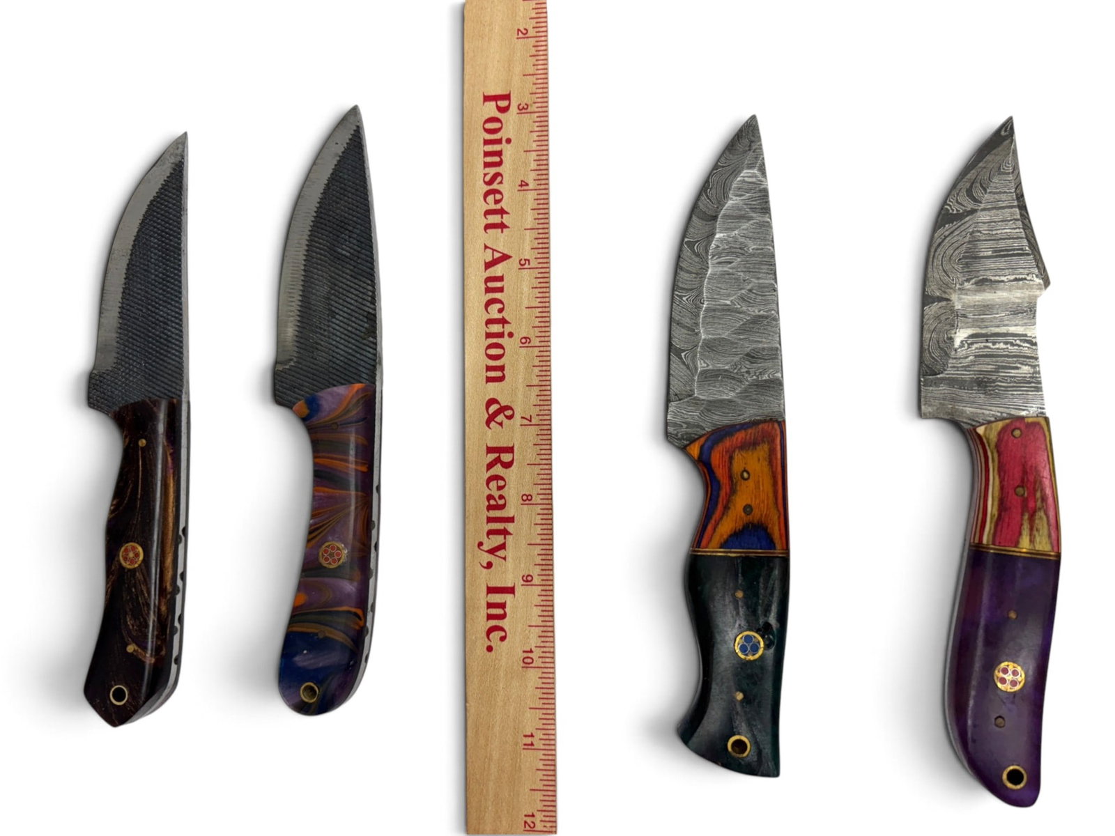 (4) Handmade Damascus & Forged Steel Knives with Custom Wood/Resin Grips and Leather Sheathe - 3