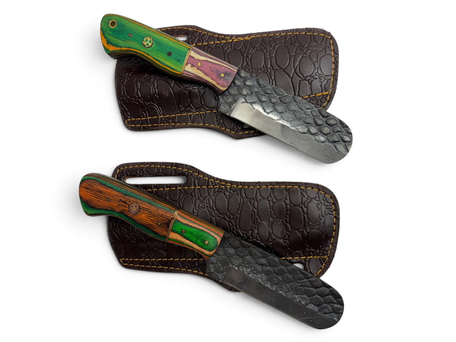 (2) Handmade Forged Steel Knives/Razors with Custom Wood Grips and Leather Sheathe: Handmade Forged Steel Knives/Razors with Custom Wood, Bone, Horn, or Resin handles. The Blade on these knives is a combination of 1095 HC Steel 15N20 Nickel Carbon Steel. The Laminate Bar is then fold