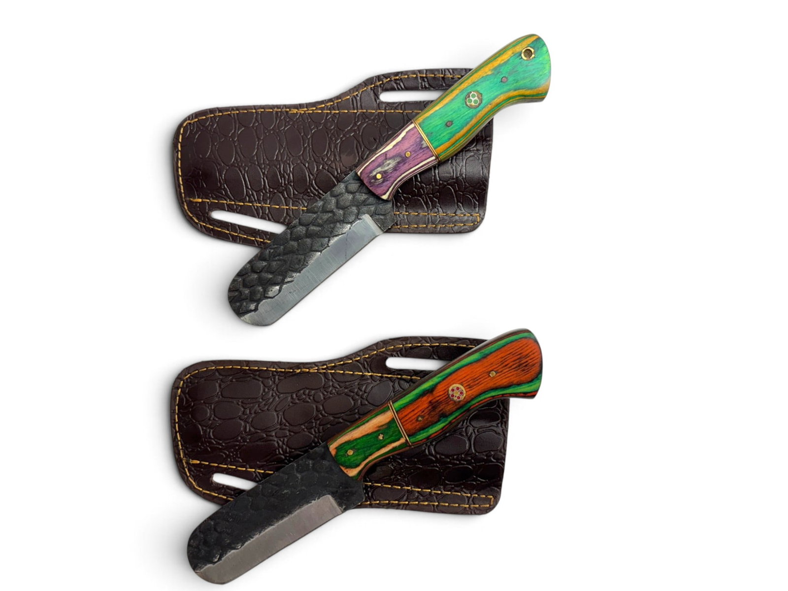 (2) Handmade Forged Steel Knives/Razors with Custom Wood Grips and Leather Sheathe - 2