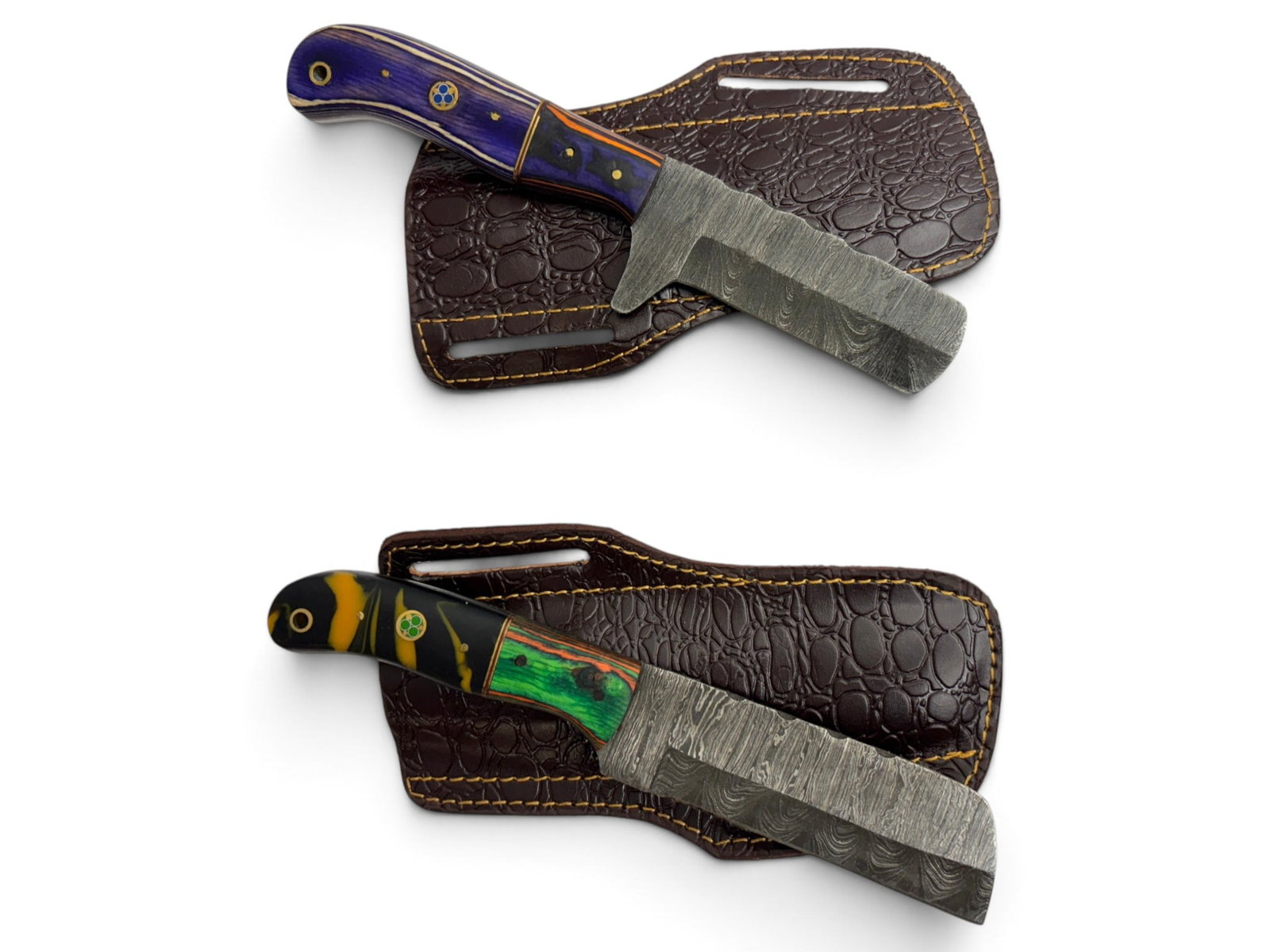 (2) Handmade Damascus Steel Knives/Razors with Custom Wood/Resin Grips and Leather Sheathe: Handmade Forged Steel Knives/Razors with Custom Wood, Bone, Horn, or Resin handles. The Blade on these knives is a combination of 1095 HC Steel 15N20 Nickel Carbon Steel. The Laminate Bar is then fold
