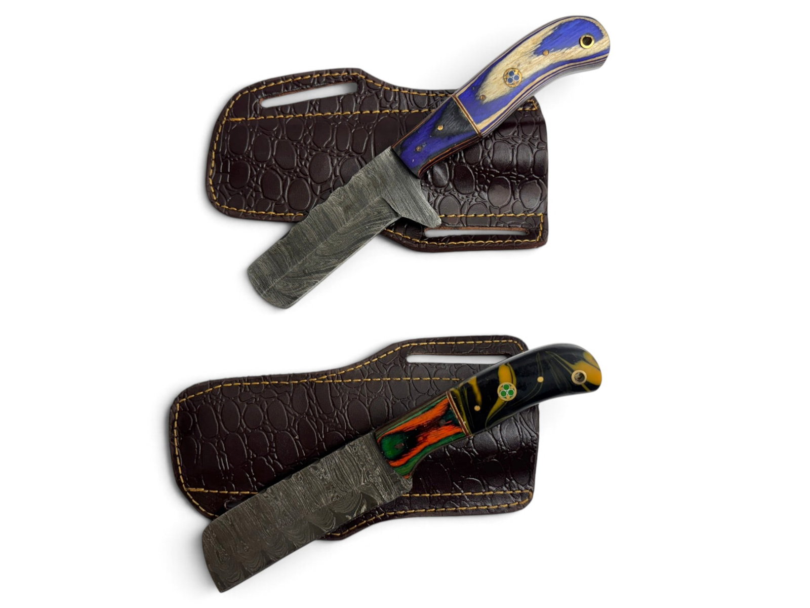 (2) Handmade Damascus Steel Knives/Razors with Custom Wood/Resin Grips and Leather Sheathe - 2