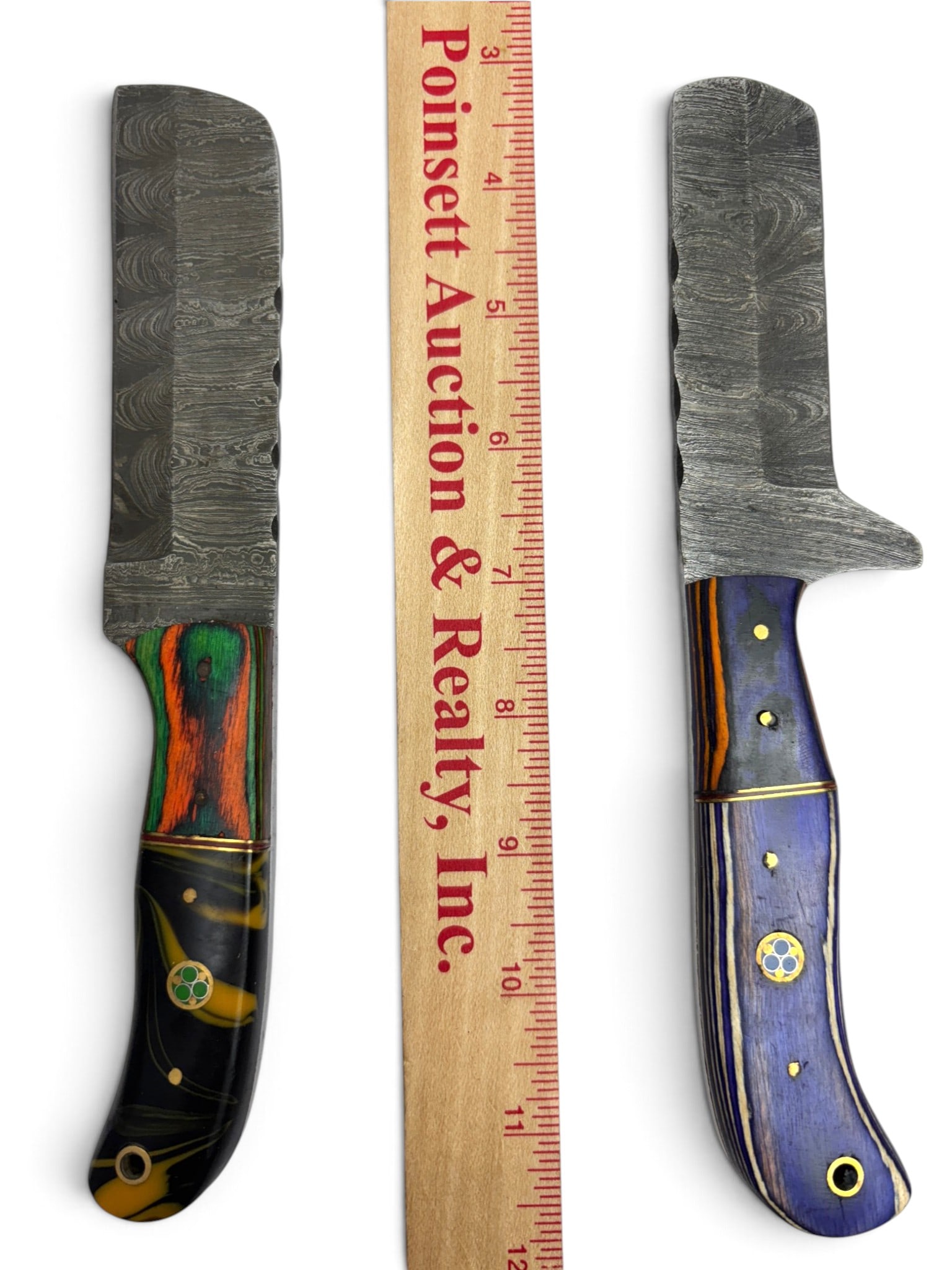 (2) Handmade Damascus Steel Knives/Razors with Custom Wood/Resin Grips and Leather Sheathe - 3