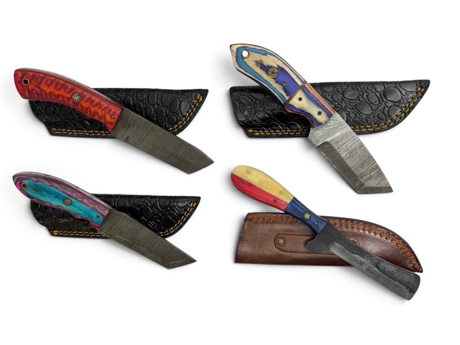 (4) Handmade Damascus & Forged Steel Knives/Razors with Custom Grips and Leather Sheathe (1 of 3)