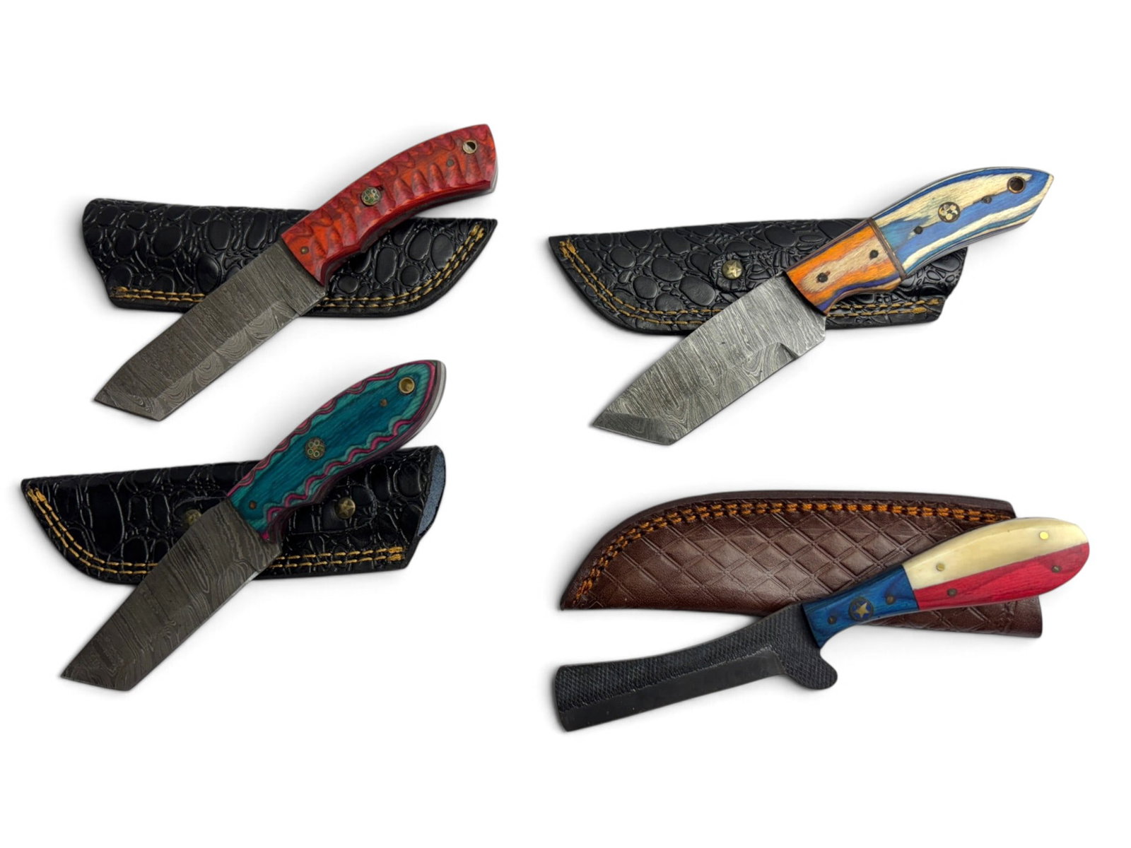 (4) Handmade Damascus & Forged Steel Knives/Razors with Custom Grips and Leather Sheathe - 2