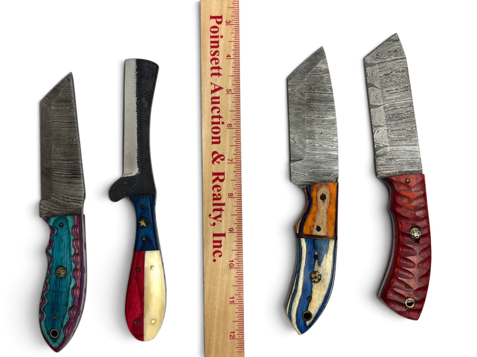 (4) Handmade Damascus & Forged Steel Knives/Razors with Custom Grips and Leather Sheathe - 3