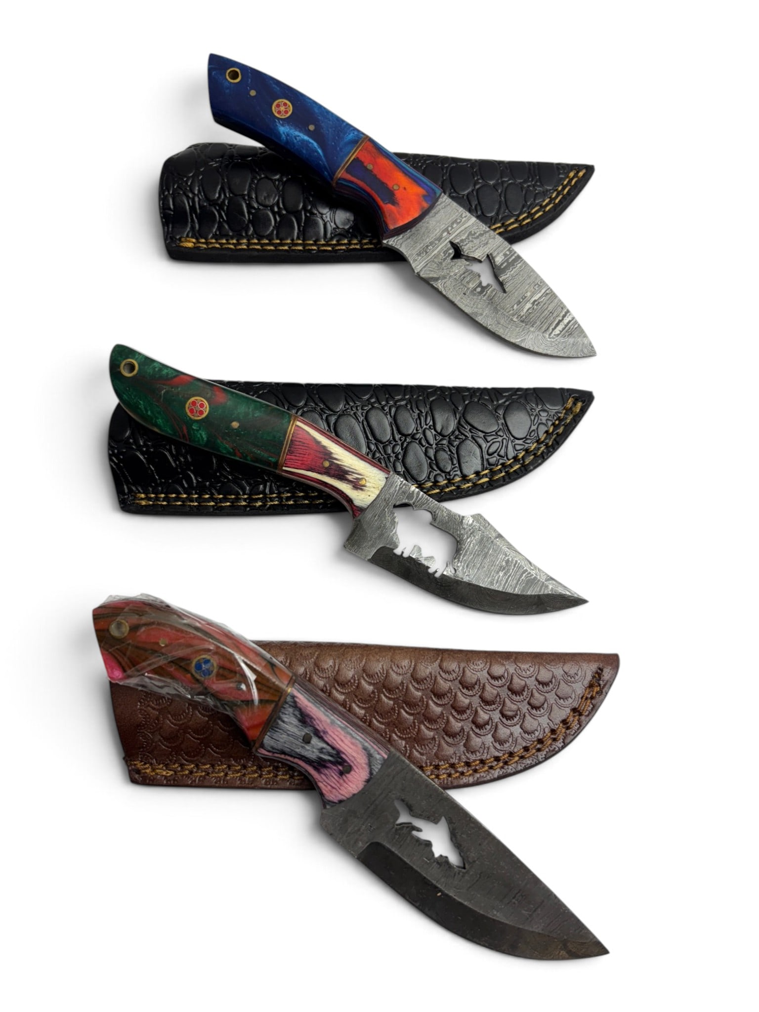 (3) Handmade Damascus Steel Knives with Animal Cutout Designs and Leather Sheathe (1 of 3)