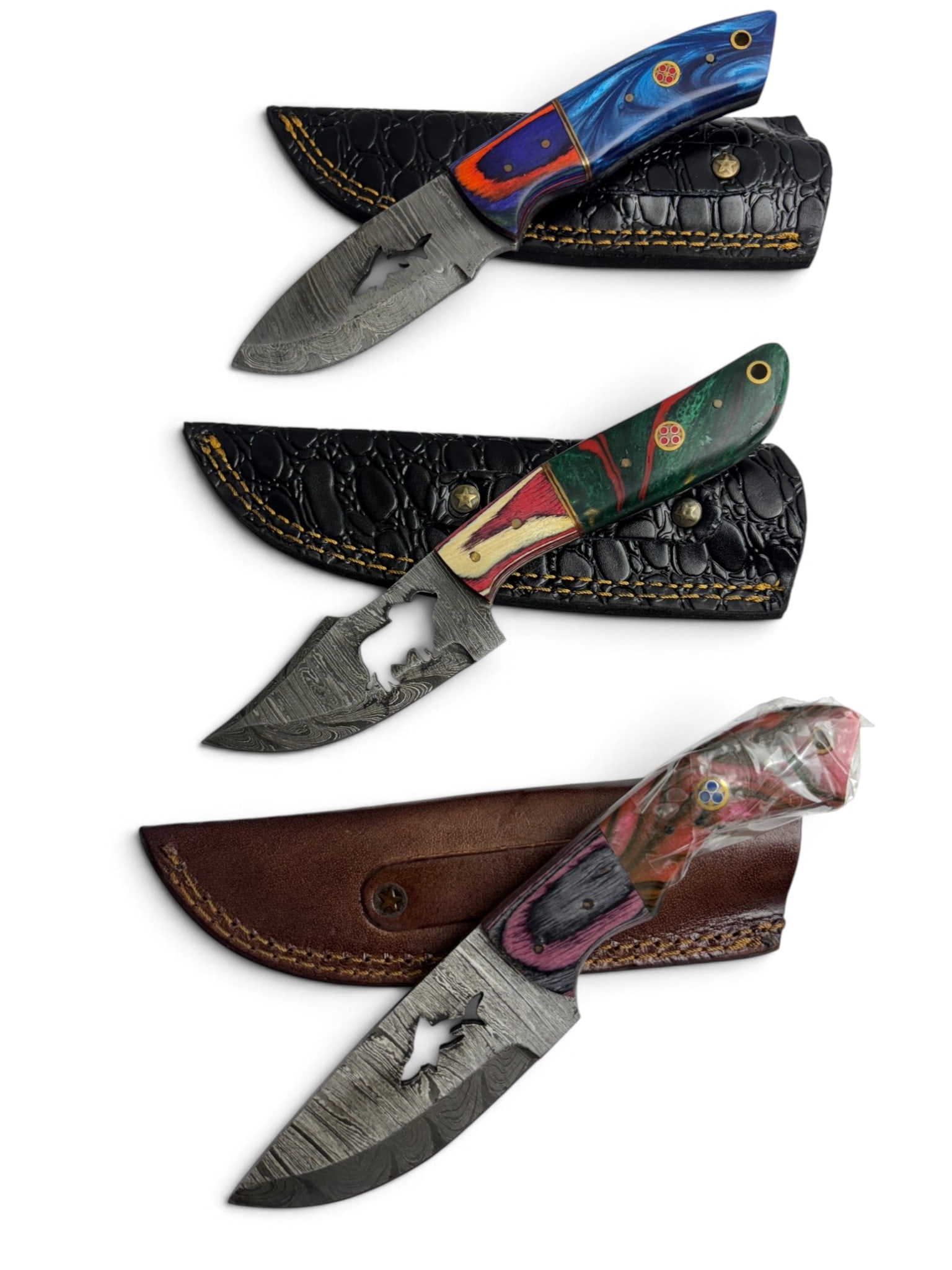 (3) Handmade Damascus Steel Knives with Animal Cutout Designs and Leather Sheathe - 2