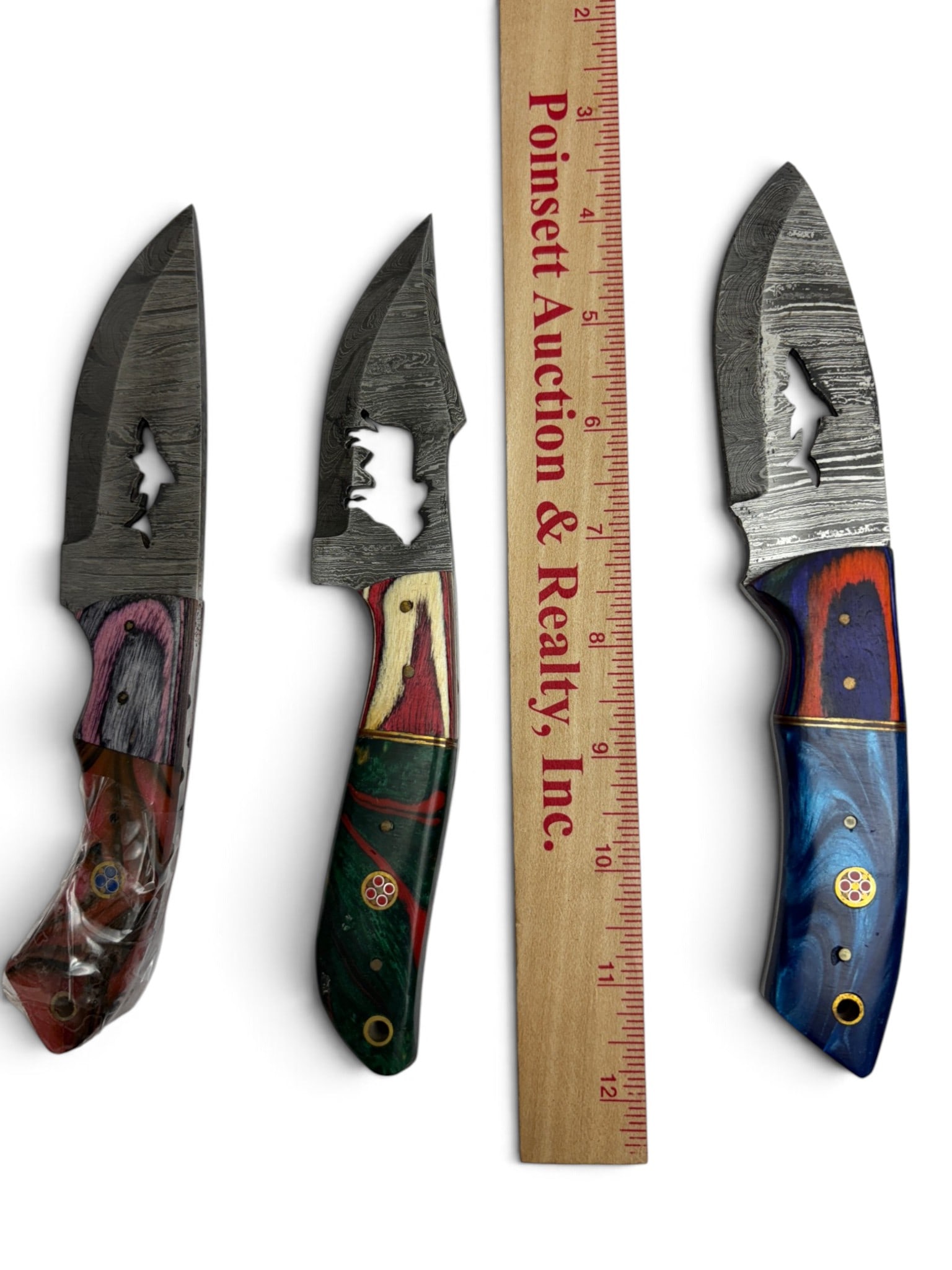 (3) Handmade Damascus Steel Knives with Animal Cutout Designs and Leather Sheathe - 3
