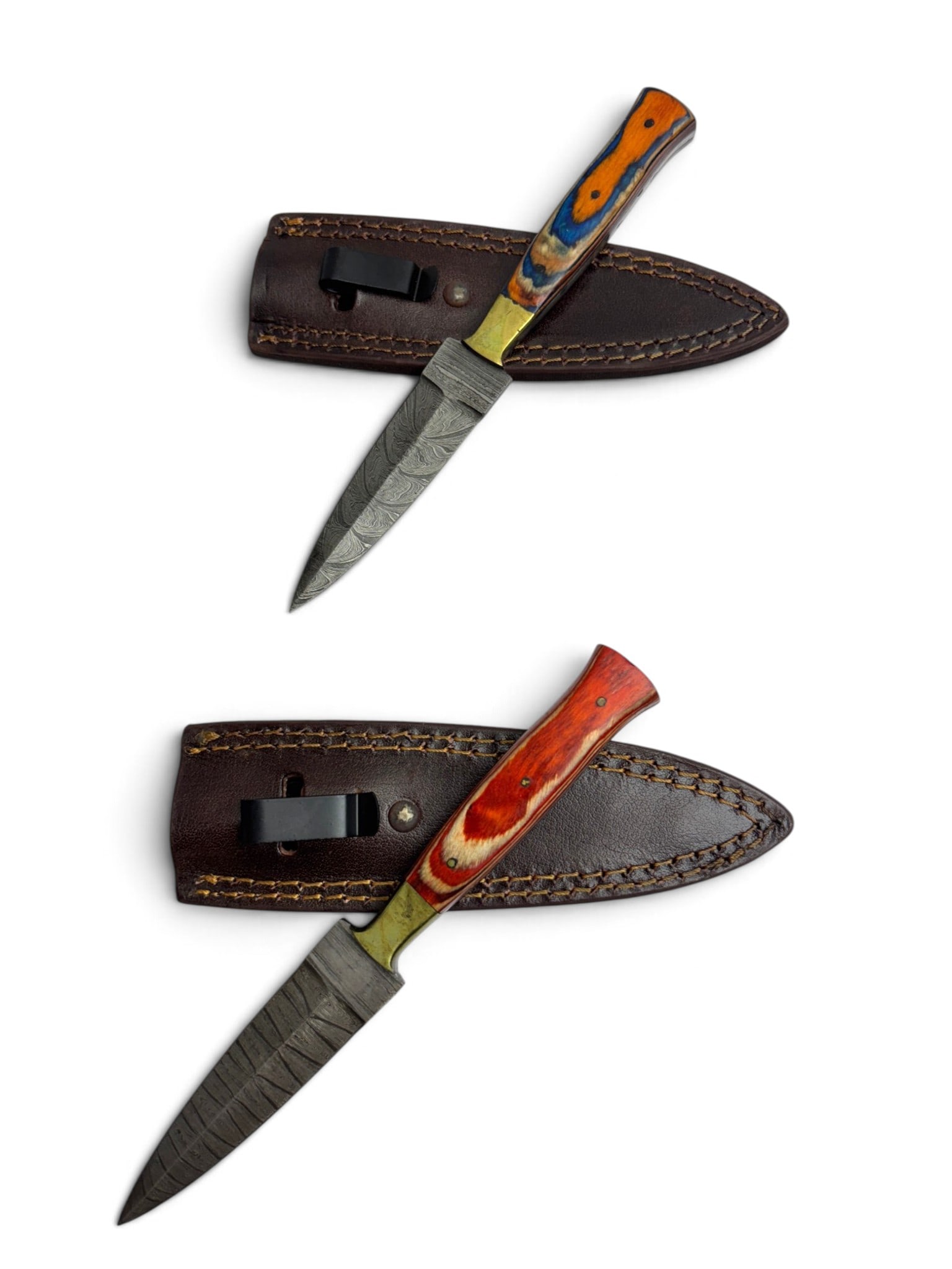 (2) Handmade Damascus Steel Double Edge Knives with Custom Wood Grips and Leather Sheathe: Handmade Forged Steel Knives/Razors with Custom Wood, Bone, Horn, or Resin handles. The Blade on these knives is a combination of 1095 HC Steel 15N20 Nickel Carbon Steel. The Laminate Bar is then fold
