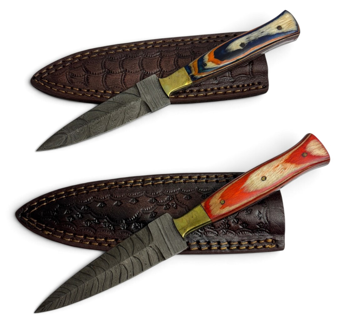 (2) Handmade Damascus Steel Double Edge Knives with Custom Wood Grips and Leather Sheathe - 2