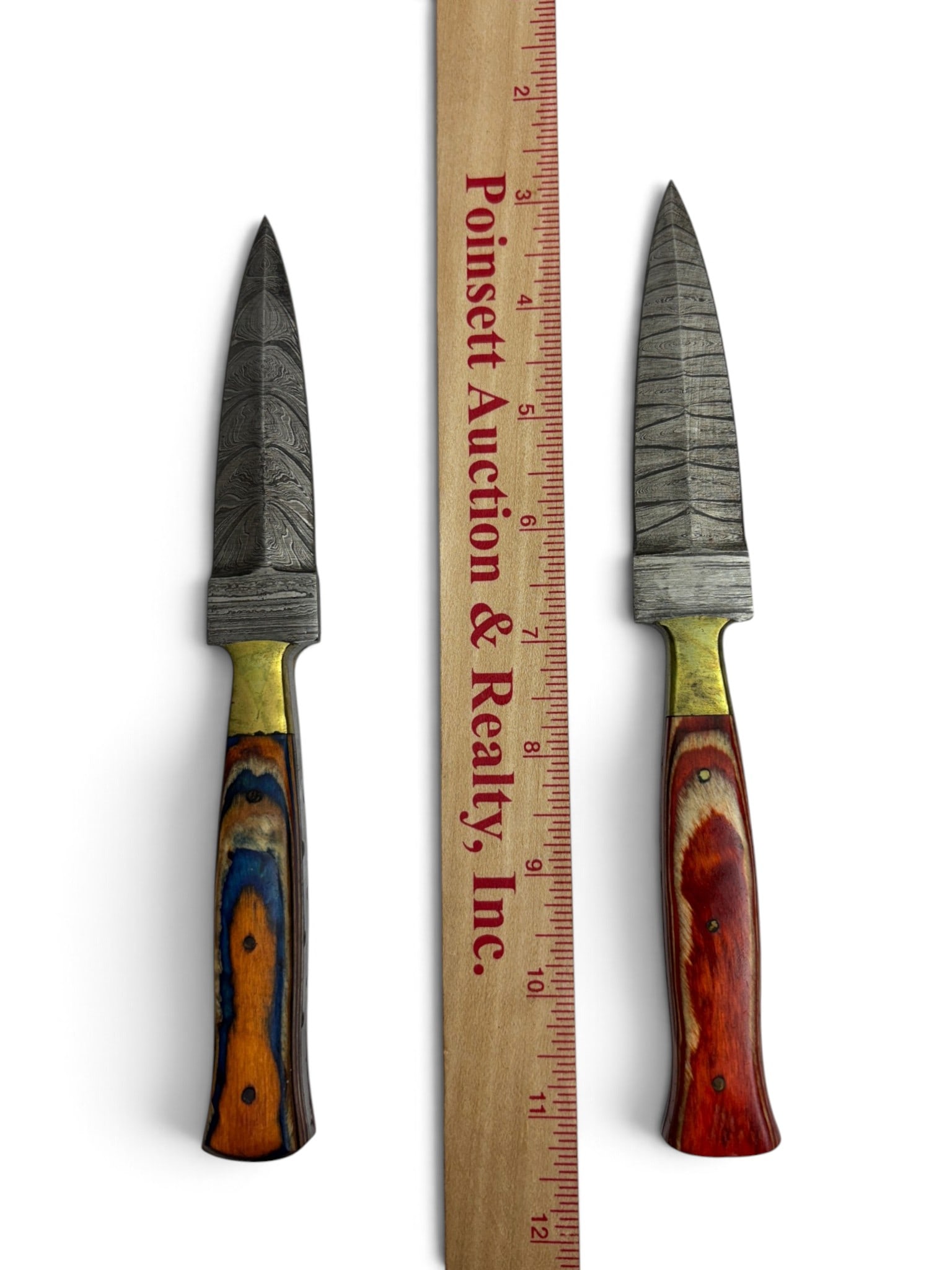 (2) Handmade Damascus Steel Double Edge Knives with Custom Wood Grips and Leather Sheathe - 3