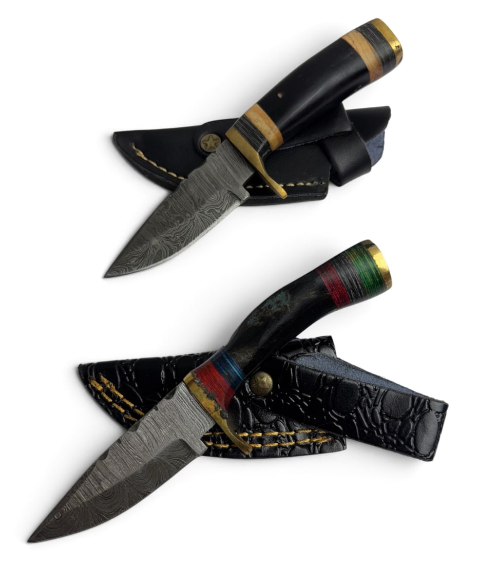 (2) Handmade Damascus Steel Knives with Custom Wood/Resin Grips and Leather Sheathe - 2