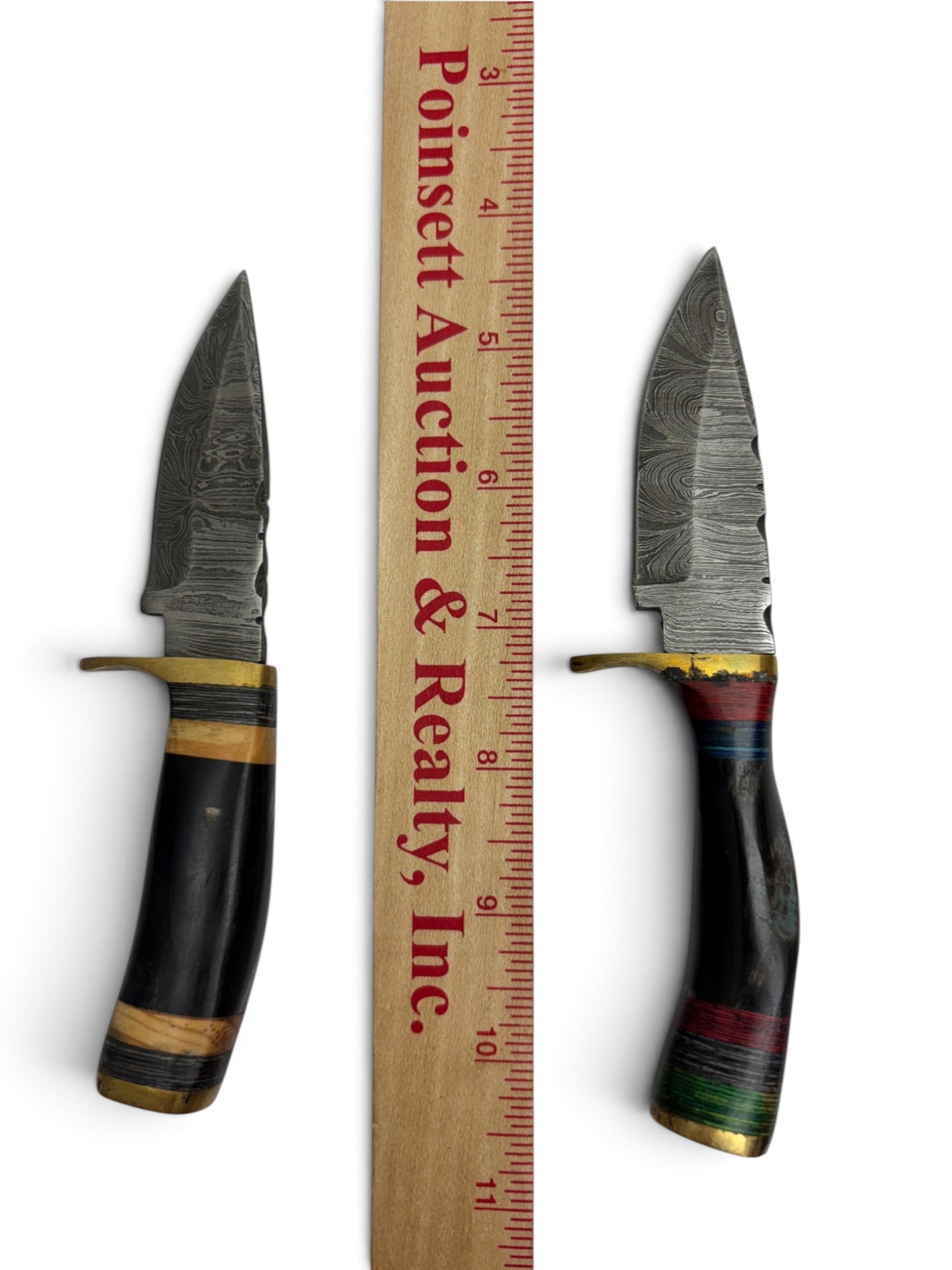 (2) Handmade Damascus Steel Knives with Custom Wood/Resin Grips and Leather Sheathe - 3
