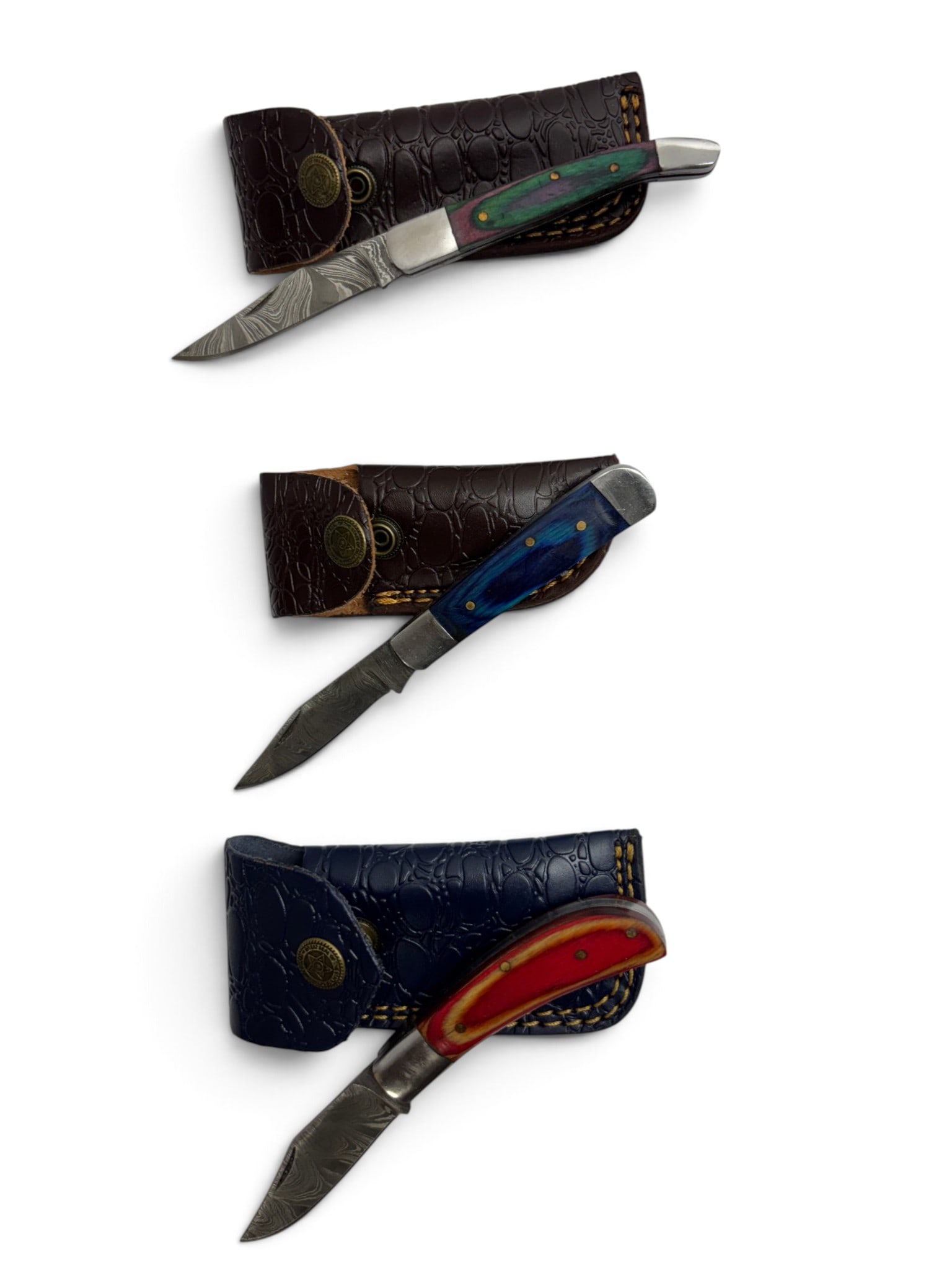 (3) Handmade Damascus Steel Pocket Knives with Custom Wood Grips and Leather Pouches: Handmade Damascus Steel Knives with Custom Wood, Bone, Horn, or Resin handles. The Blade on these knives is a combination of 1095 HC Steel 15N20 Nickel Carbon Steel. The Laminate Bar is then folded to
